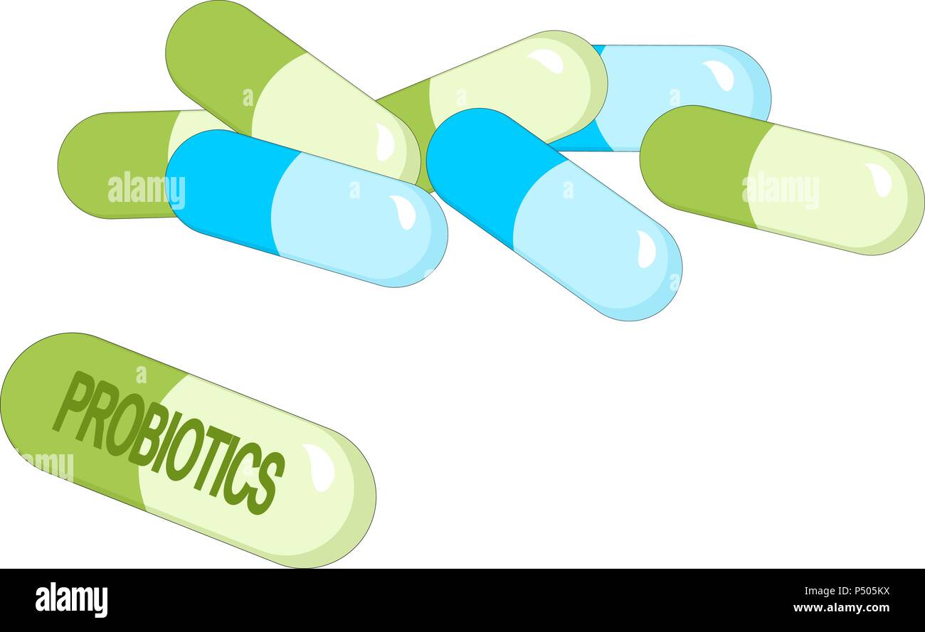 Kapseln mit grünen probiotische Bakterien. Konzept der gesunden Ernährung Zutat für therapeutische Zwecke Stock Vektor