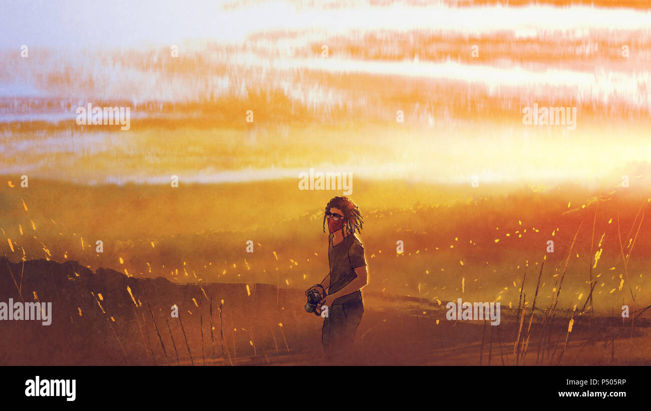 Junge Reisende mit einer Kamera stehend gegen Sonnenuntergang über den Bergen, digital art Stil, Illustration Malerei Stockfoto