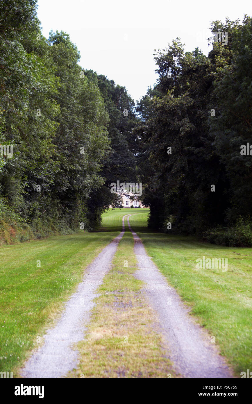 Lange drivway durch große Tore, die zu einer Mystery House in der Nähe von Le Mans, Frankreich Stockfoto