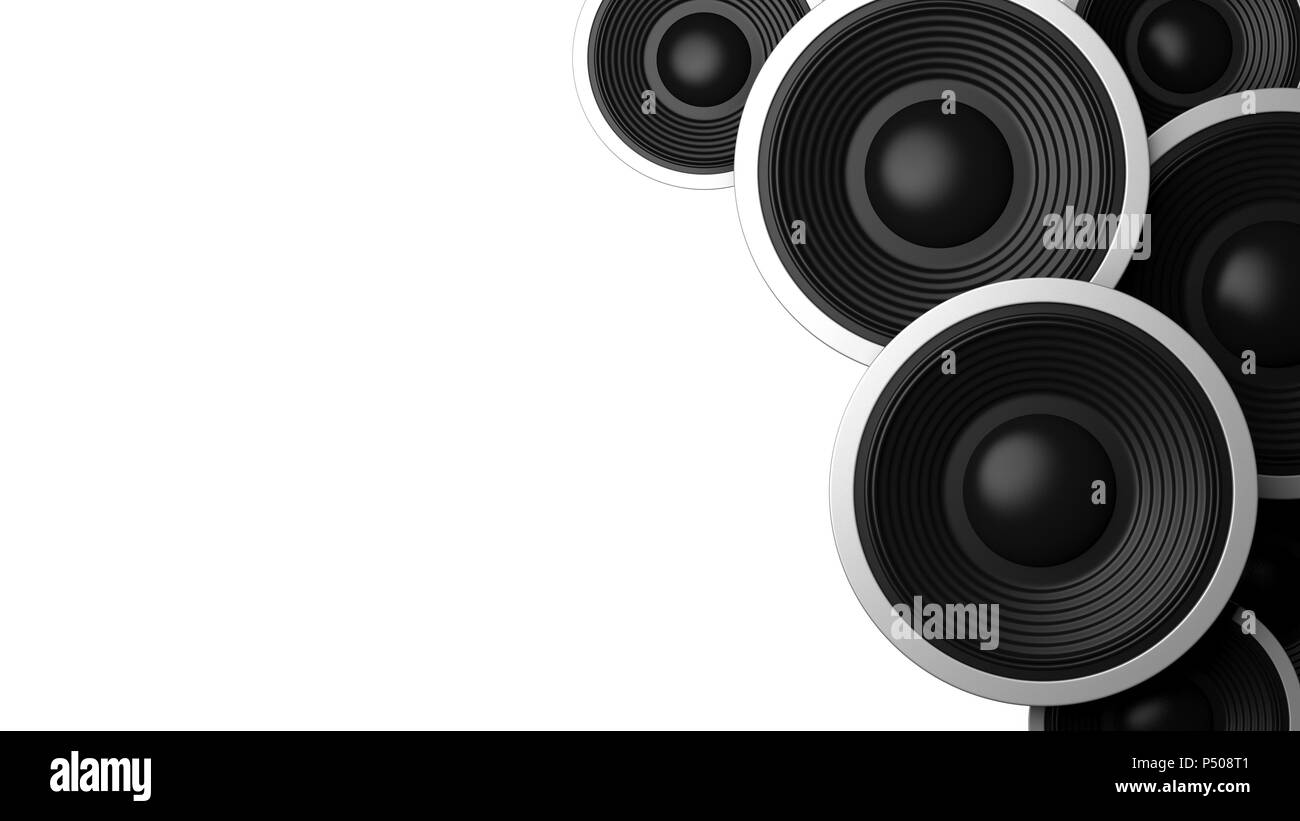 Musik Konzept. Mehrere verschiedene Größe schwarz-Lautsprecher auf weißem  Hintergrund, kopieren. 3D-Darstellung Stockfotografie - Alamy