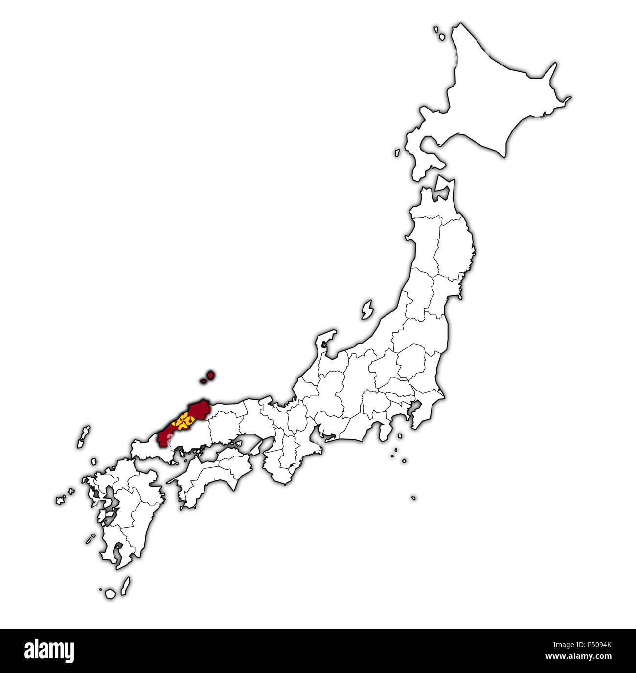 Flagge der Präfektur Shimane auf Karte mit administrativen Abteilungen und Grenzen von Japan Stockfoto