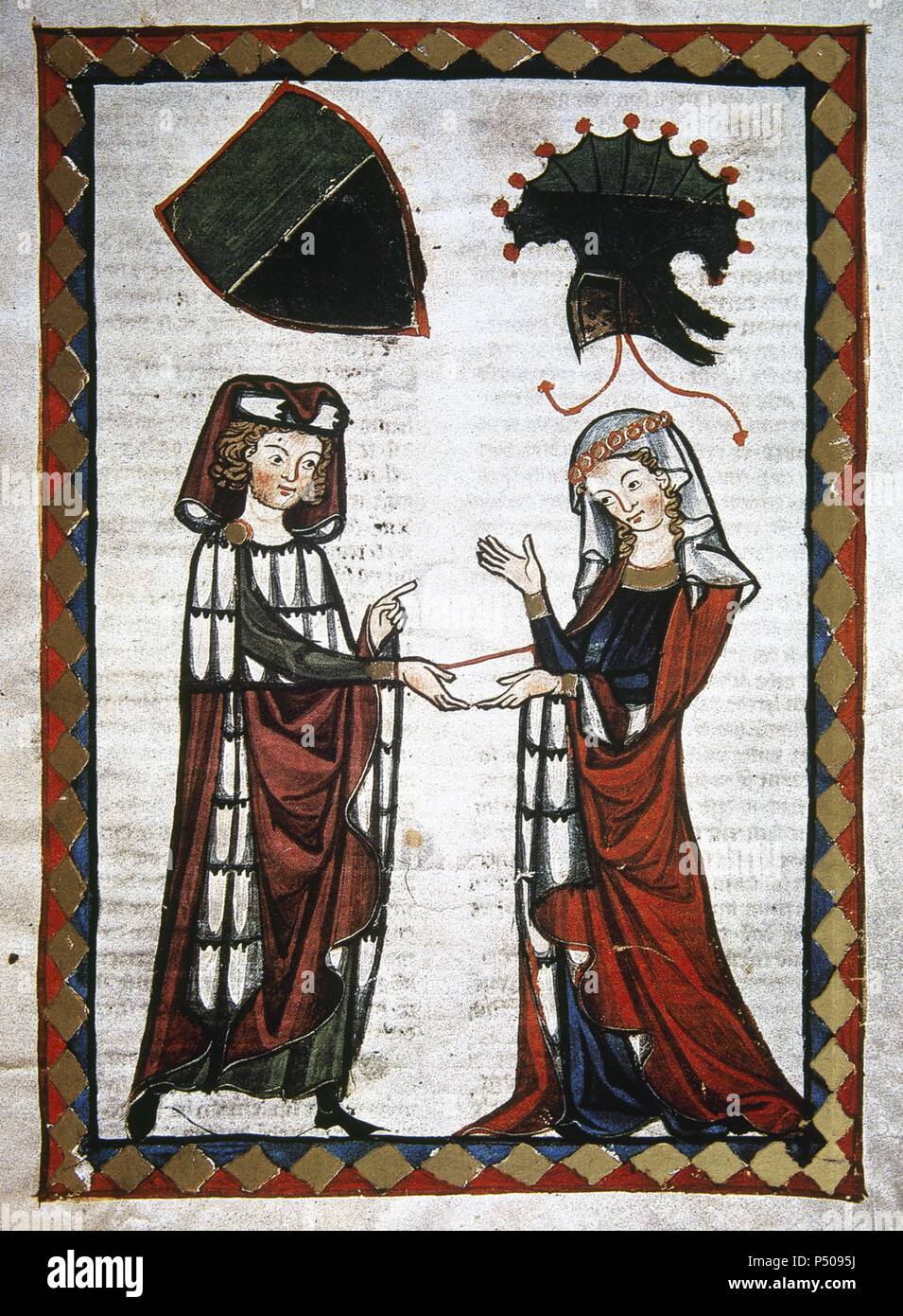 Burkhard von Hohenfels, Dichter von Henry VII, gibt eine liebe Nachricht an seine Geliebte. 13. Jahrhundert. Codex Manesse (ca. 1300) von Rüdiger Manesse und seinen Sohn Johannes. Miniatur. Folio 110r. Universität Heidelberg. Bibliothek. Deutschland. Stockfoto