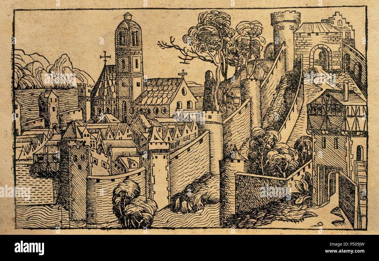 Liber chronicarum von Hartmann Schedel. Kupferstich mit der Darstellung der Stadt Alexandria. 15. Jahrhundert. Lateinischen Ausgabe. Bischöfliche Bibliothek. Barcelona. Spanien. Stockfoto Liber chronicarum von Hartmann Schedel. Kupferstich mit der Darstellung der Stadt Alexandria. 15. Jahrhundert. Lateinischen Ausgabe. Bischöfliche Bibliothek. Barcelona. Spanien. Stockfoto