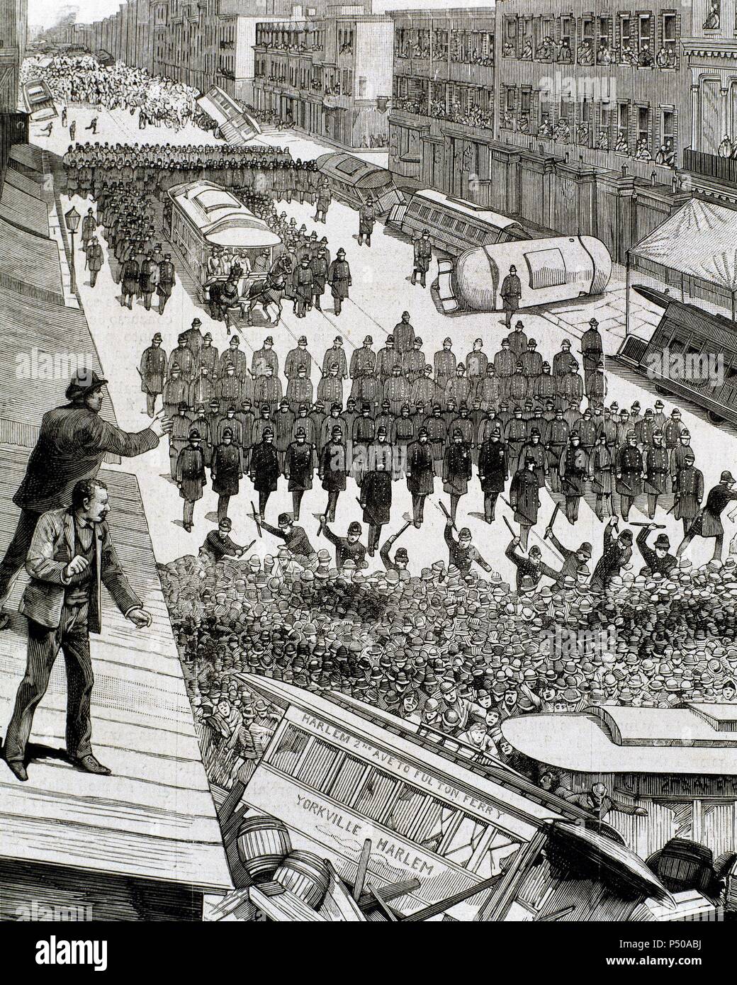 Polizisten den Streik der Mitarbeiter der Straßenbahn in New York, 4. März 1886 dispergieren. Gravur. Stockfoto