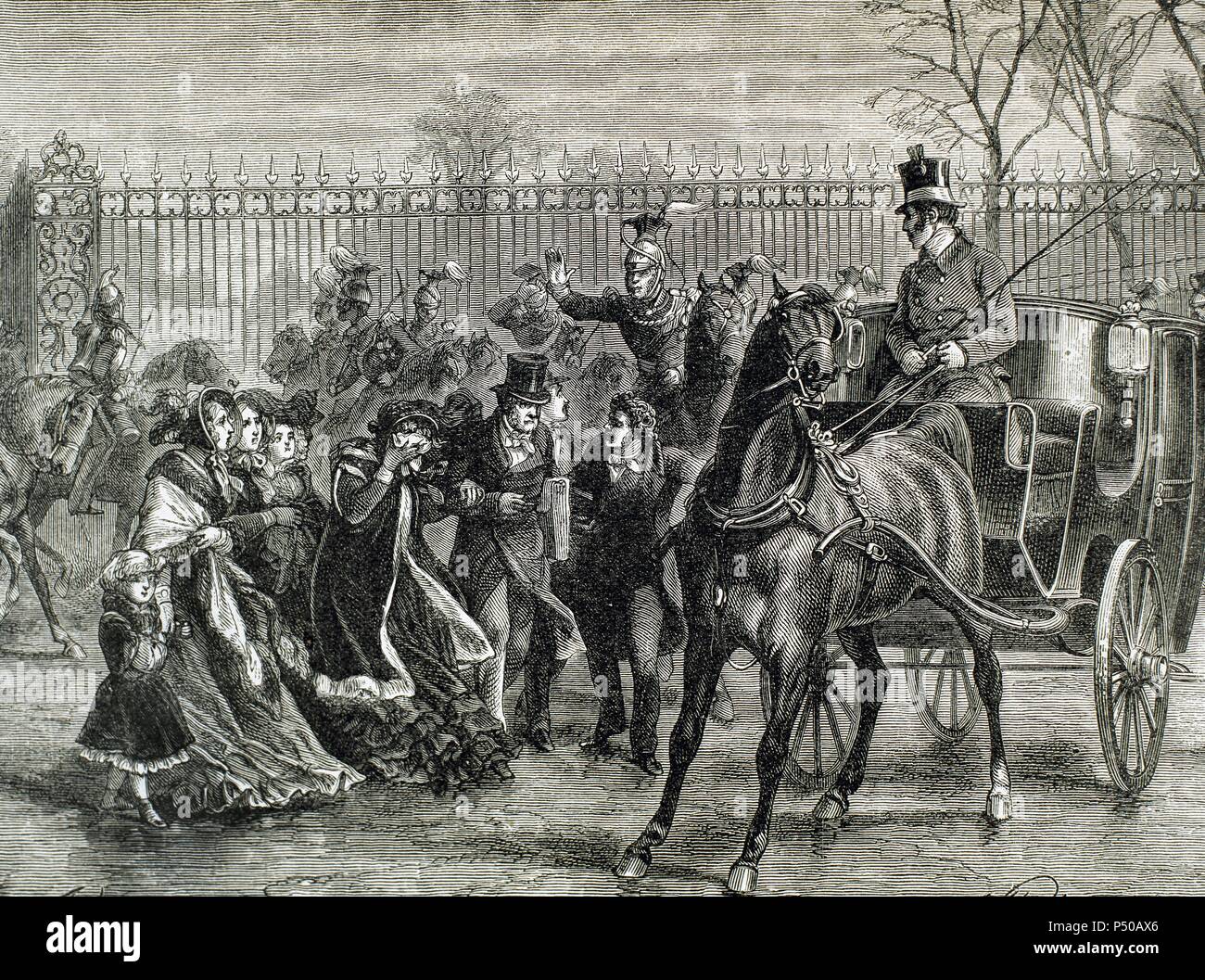 Französische Liberale Revolution (Februar 1848). Die Mob angegriffen auf den Tuilerien am 24. Februar 1848 Wegen der Weigerung des Monarchen das Wahlrecht zu verlängern. Aus diesem Grund hatte er zur Abdankung und die Republik wurde gegründet. Louis Philippe und seine Familie aus dem Tuileries Palace. Stich von J. Ladmiral, 1881. Stockfoto