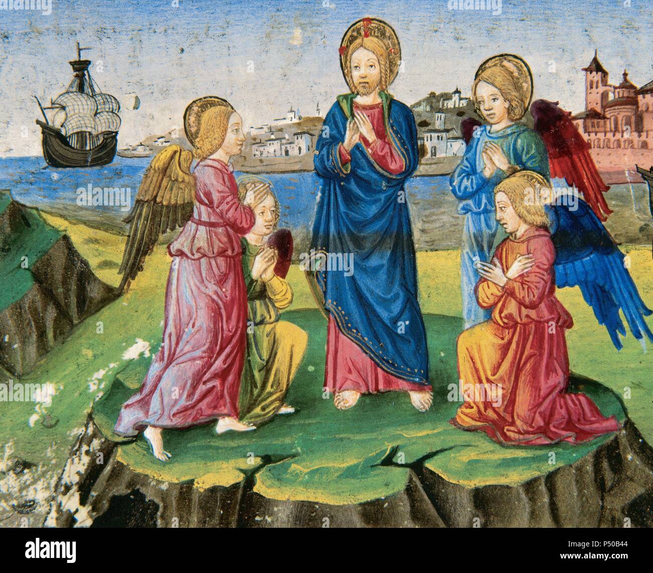 Jesus, nachdem er von dem Teufel versucht ist, ist umgeben von Engeln. Codex von Predis (1476). Königliche Bibliothek. Turin. Italien. Stockfoto