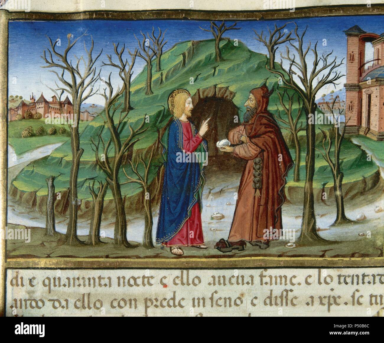 Jesus in der Wüste ist vom Teufel, die ihn zu einem Berg nimmt versucht. Codex von Predis (1476). Königliche Bibliothek. Turin. Italien. Stockfoto