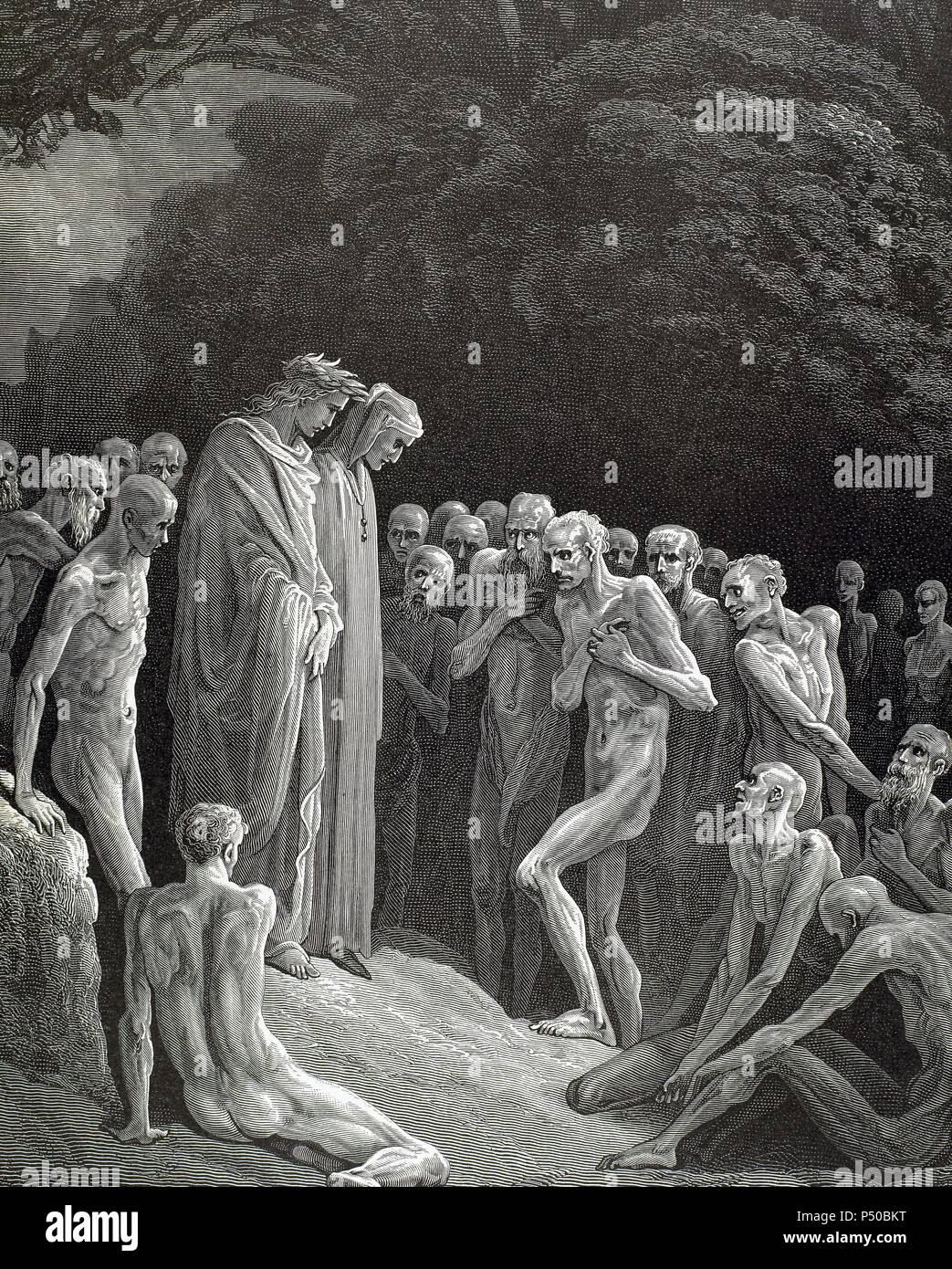 "LA DIVINA COMEDIA". Poema escrito en Toscano donde se relata El viaje de su Autor, DANTE ALIGHIERI, Para llegar a la CONTEMPLACION DIVINA. Bin OSTRABAN ADMIRACION AL SABER QUE ESTABA VIVO" (Purgatorio, C. XXIV). Grabado de Gustave Dore. Stockfoto