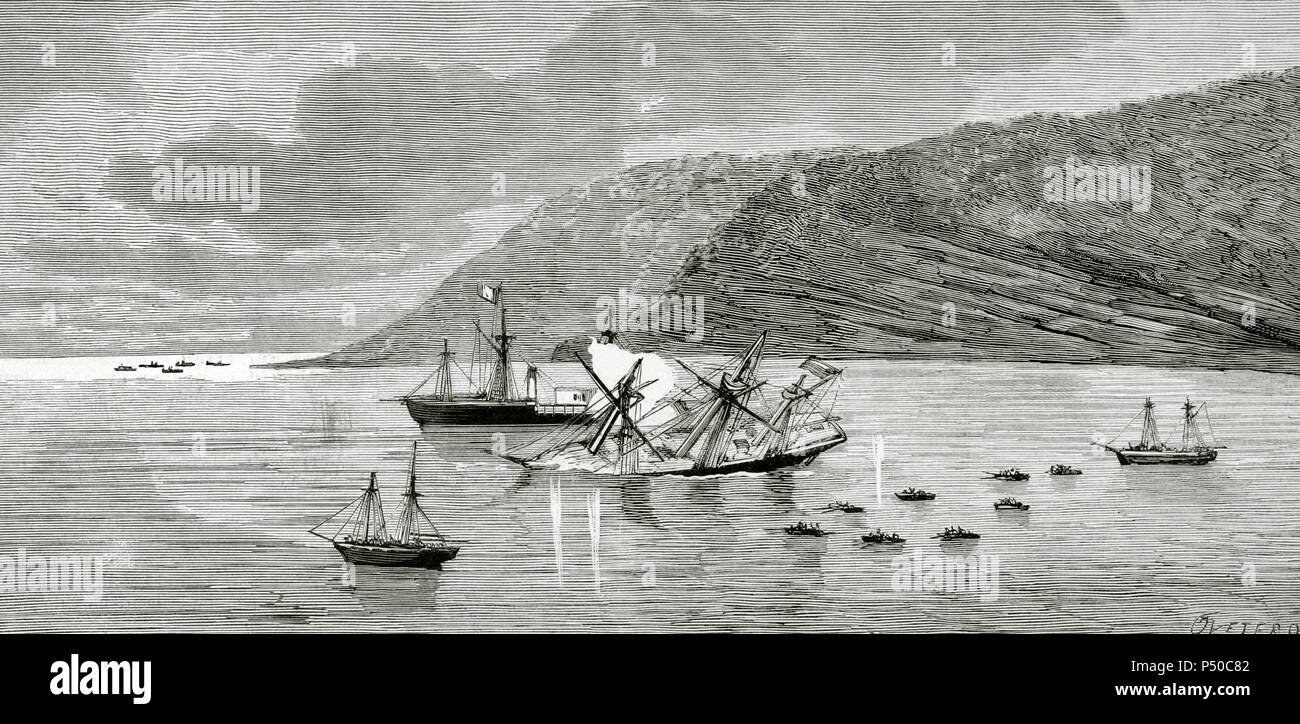 Den pazifischen Krieg. Schlacht von Iquique. Die Chilenischen Korvette "Esmeralda" von der Peruanischen eiserne' Huascarán' am 21. Mai 1879 gesunken ist. Gravur. Stockfoto