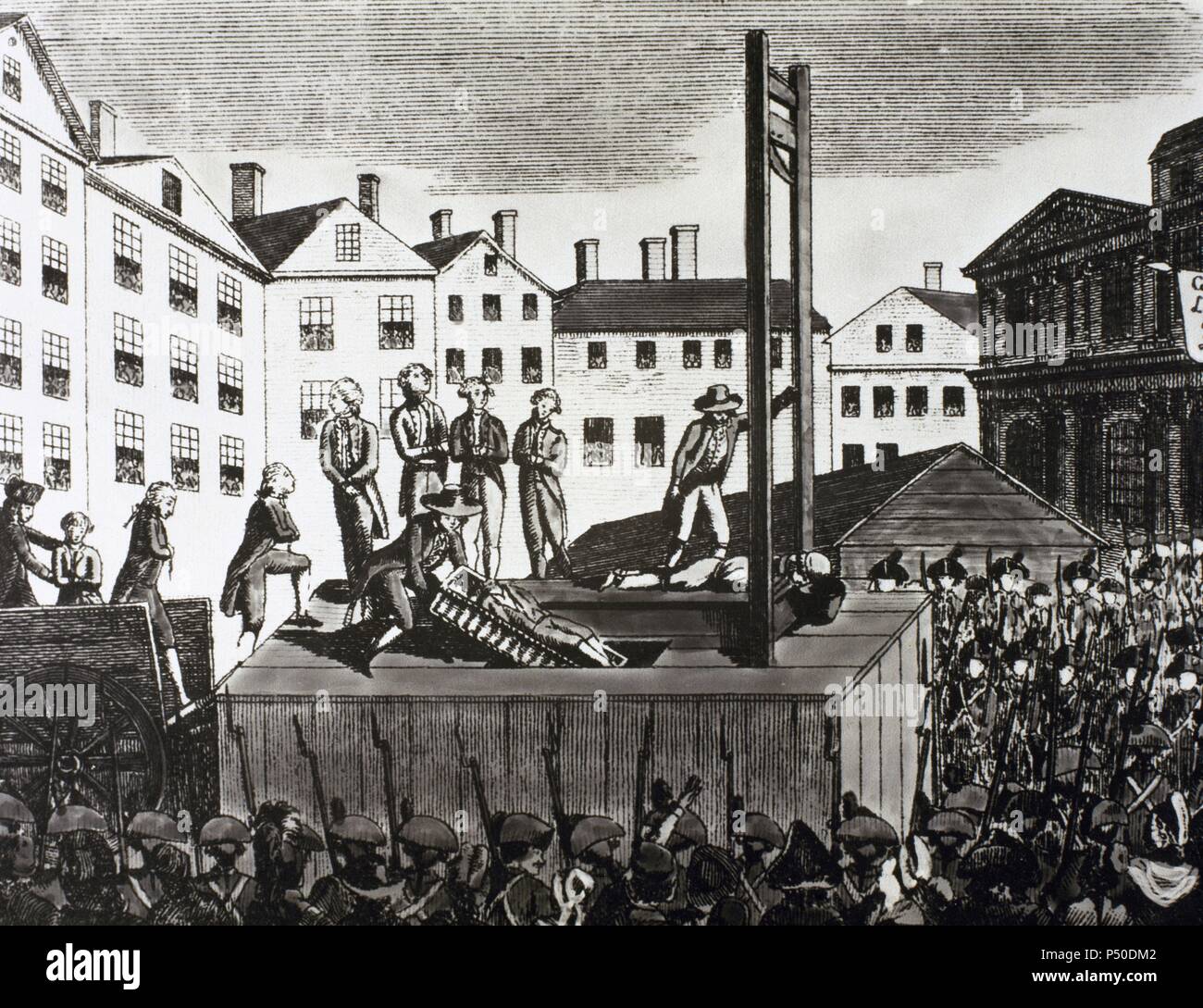 Französische Revolution (1789-1799). Ausführung von 9 junge Zuwanderer zum Tod durch ein revolutionäres Gericht im Jahr 1792 verurteilt. Gravur der Zeit. Stockfoto