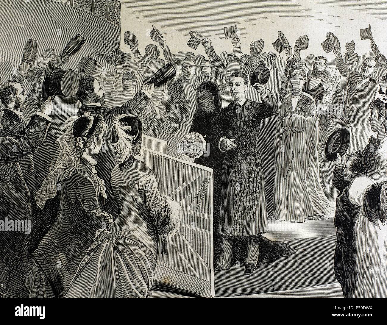 BONAPARTE, Eugene Louis Napoleon (Paris, 1856 - Ulundi, 1879). Französische Prinz. Southampton. Versand der Prinz Louis Napoleon sich an militärischen Operationen gegen die Zulu zu nehmen. 19. Gravur in "Die spanische und amerikanische Abbildung" von Rico, 1879. Stockfoto