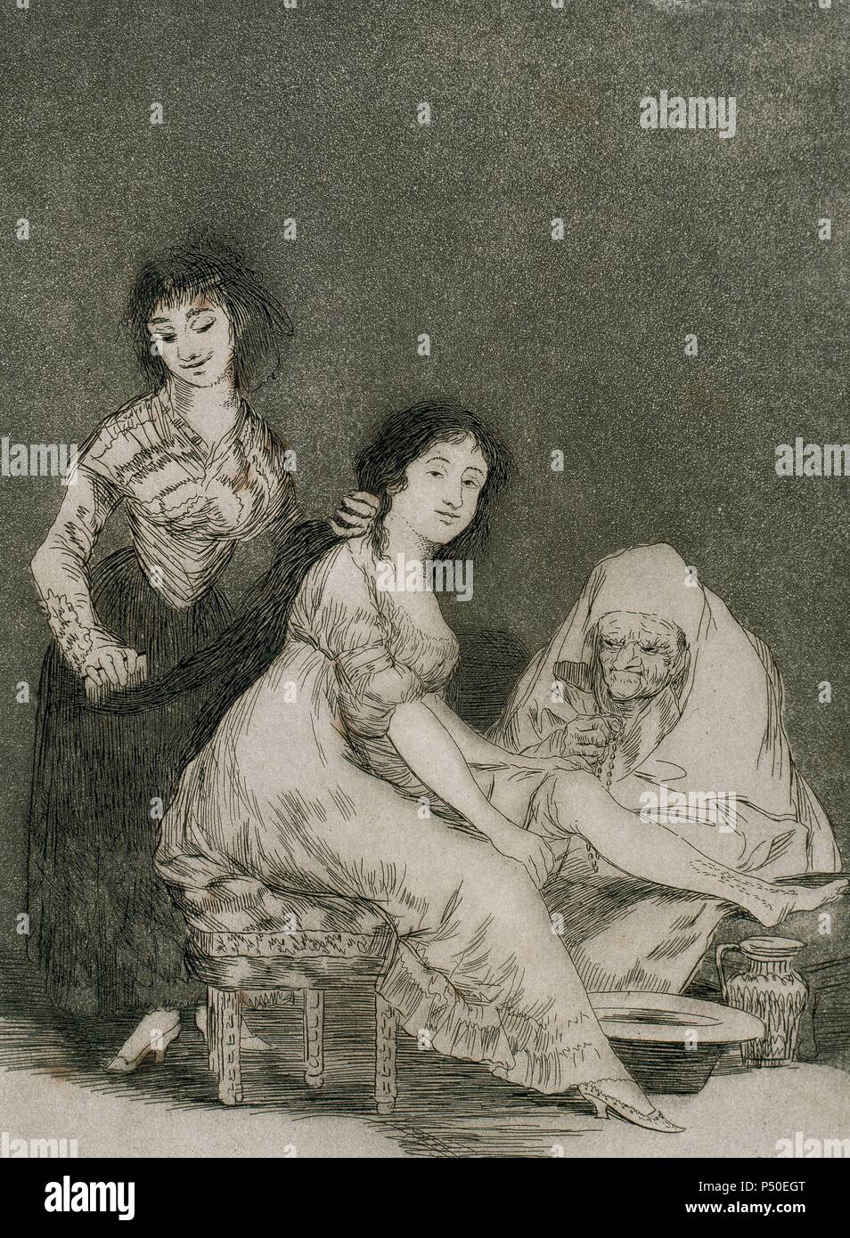 Francisco de Goya (1746-1828). Spanischer Maler und Graphiker. Los Caprichos. "Ruego por Ella' (Sie betet für Sie). Platte 31. Aquatinta. 1799. Reproduktion von M.SEGUI ich Riera. Stockfoto