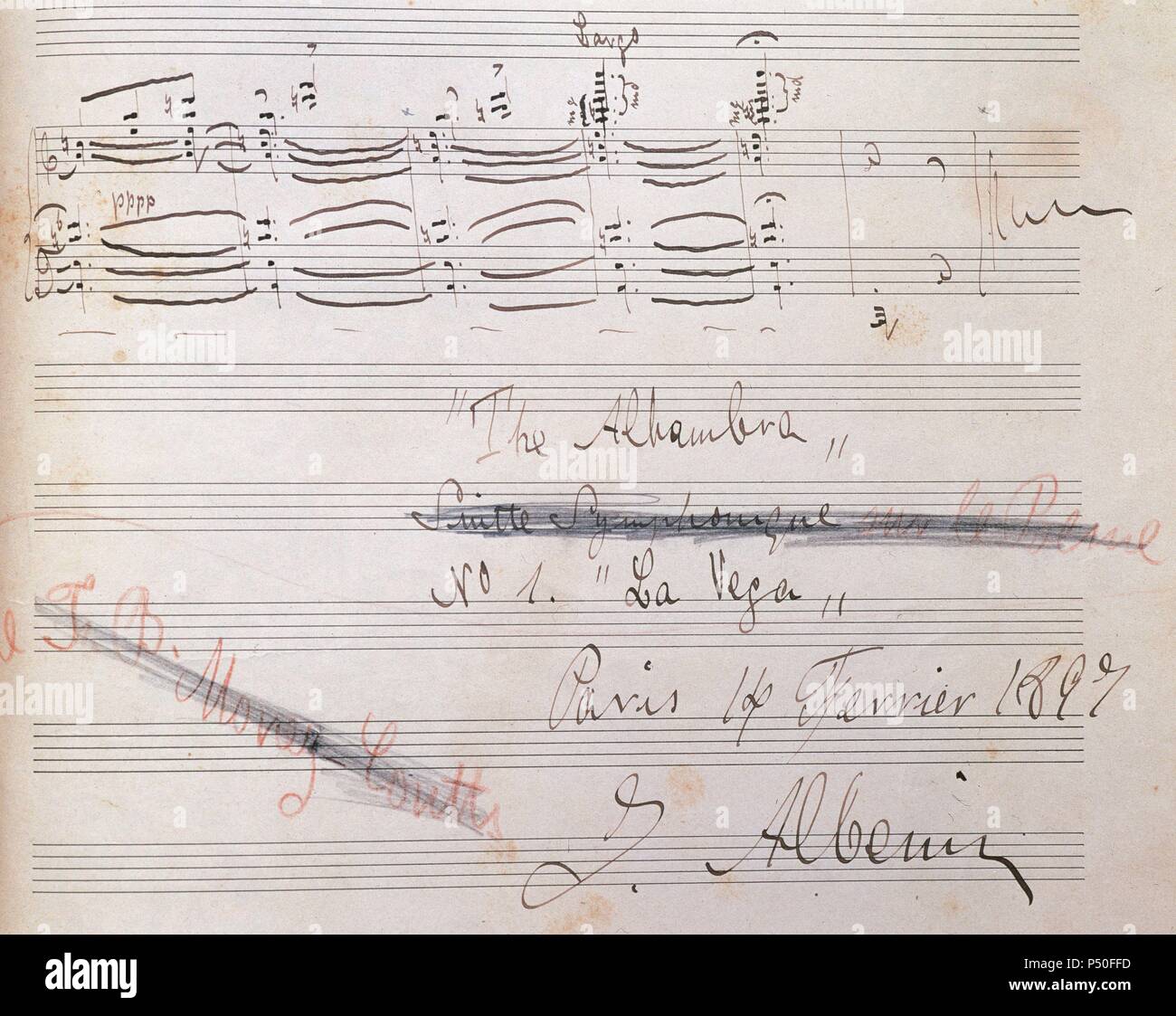 ALBENIZ, Isaac (CamprodU^n 1860-Cambo-les-Bains, 1909). Der spanische Komponist und Pianist. Die Alhambra. N.1 La Vega. (Ende der Arbeit). Manuskript, unterzeichnet in Paris Februar 1897. Stockfoto