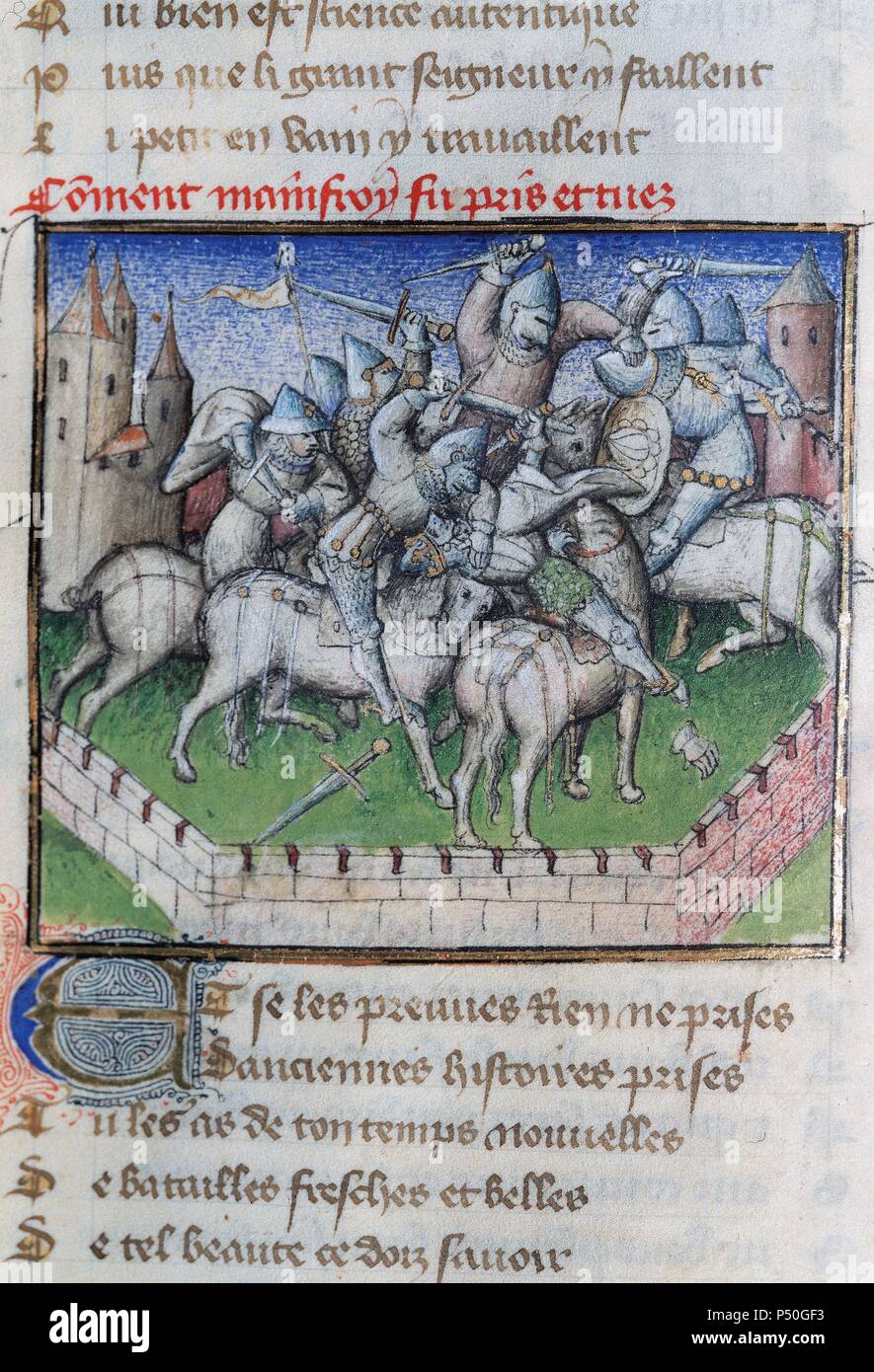 Roman de la Rose. Mittelalterlichen französischen Gedicht. Es wurde von Guillaume de Lorris, c gestartet 1230 aber nur einige 40 Jahre später fort, von Jean de Meun. Miniatur, 14. Darstellung der Gefangenschaft und Tod des Königs von Sizilien Manfroi. Bibliothek der Universität Valencia, Spanien. Stockfoto