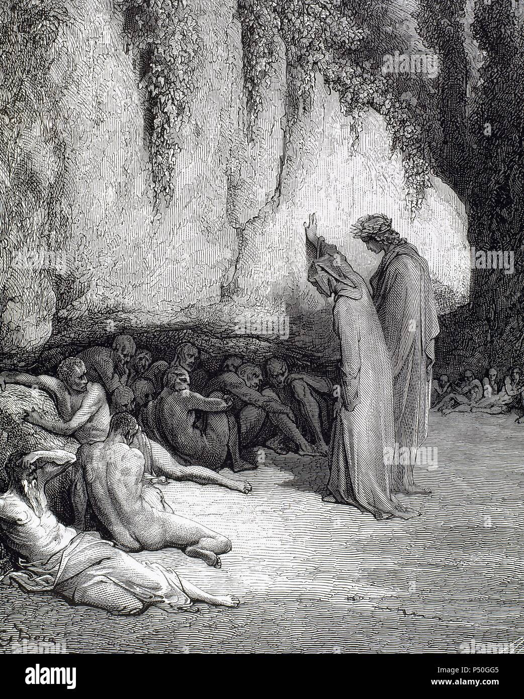 "LA DIVINA COMEDIA". Poema escrito en Toscano donde se relata El viaje de su Autor, DANTE ALIGHIERI, Para llegar a la CONTEMPLACION DIVINA. "ESCUBRIMOS UNAS CUANTAS PERSONAS DETRAS DE LA PEÑA... (Purgatorio, C. IV). Grabado de Gustave Dore. Stockfoto