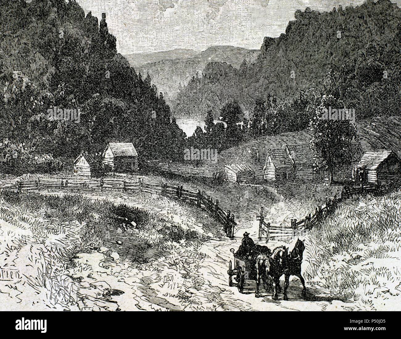 Kanadische Landschaft im achtzehnten Jahrhundert. 19. Jahrhundert-Gravur. Stockfoto