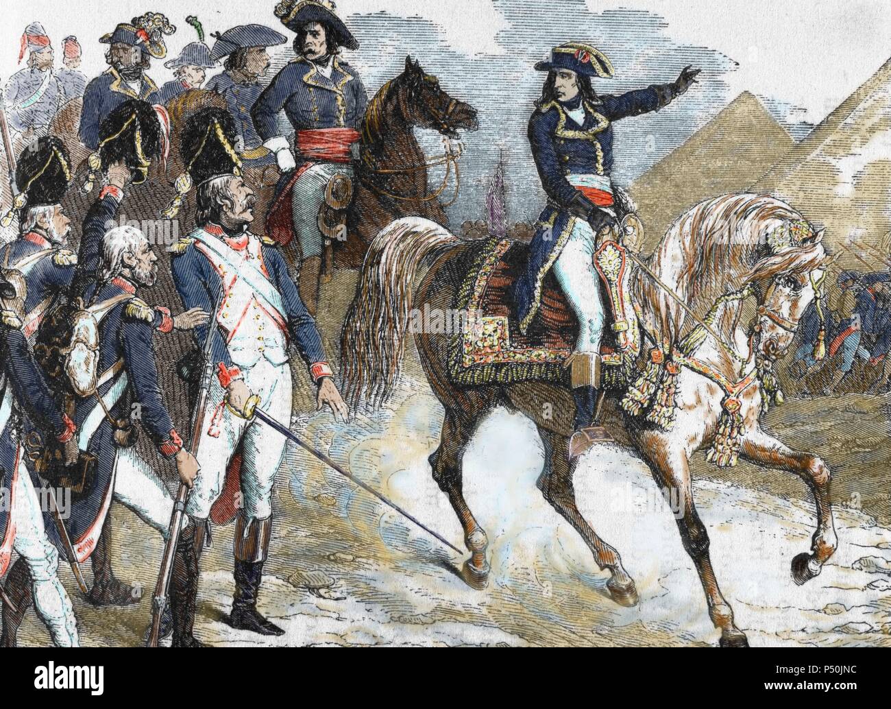 Napoleon Bonaparte (1769-1821). Die militärischen und politischen Führer Frankreichs und Kaiser der Franzosen, Napoleon I. in der Schlacht bei den Pyramiden (1798). Farbige Gravur. Stockfoto