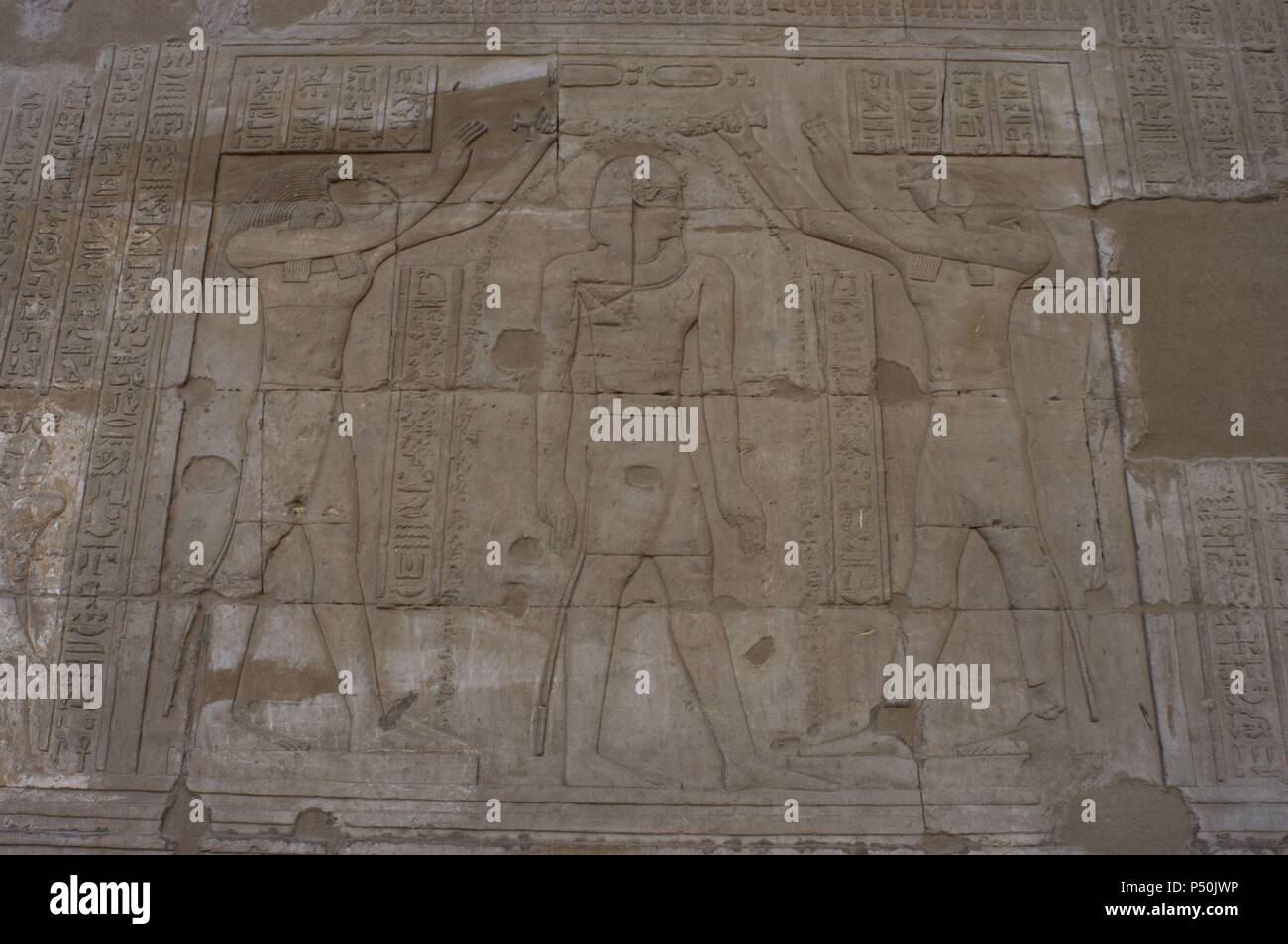 Relief Darstellung Götter Horus und Thoth ein ptolemäischen Pharaos Segen. Tempel des Horus. Edfu. Ägypten. Stockfoto