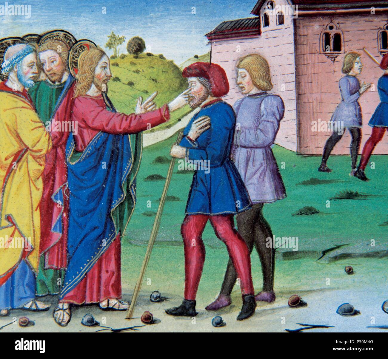 Jesus Heilung zwei Blinde. Codex von Predis (1476). Königliche Bibliothek. Turin. Italien. Stockfoto