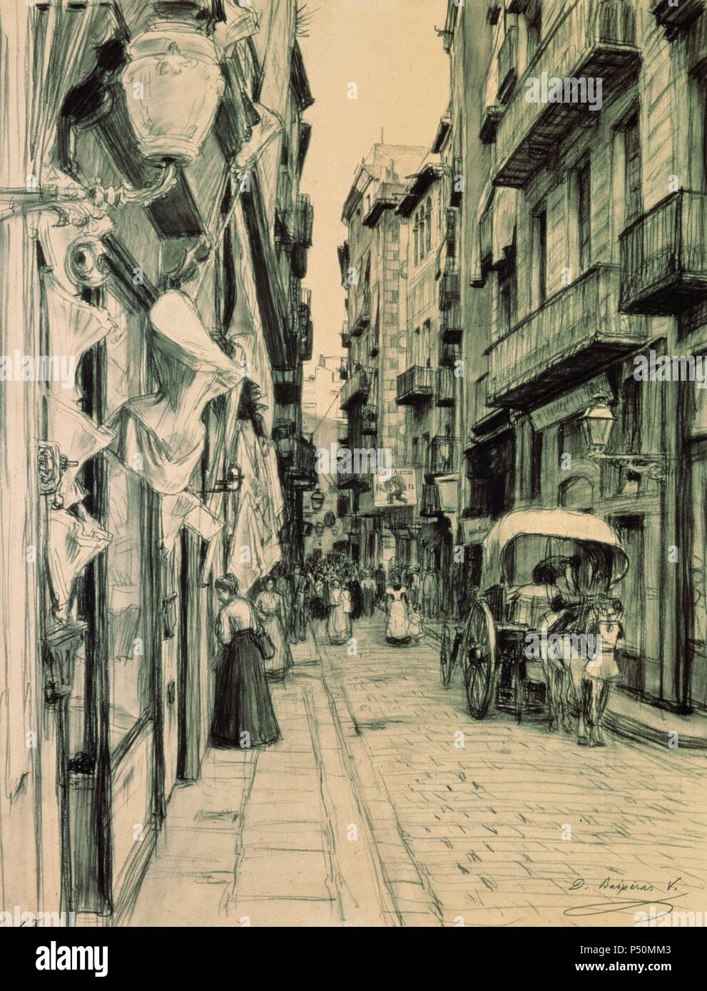 Spanien. Barcelona. 19. Zeichnung von dionis Baixeras Verdaguer (1862-1943), die die Boria Straße, in Richtung der Llana Square. La Ribera Viertel. Stockfoto
