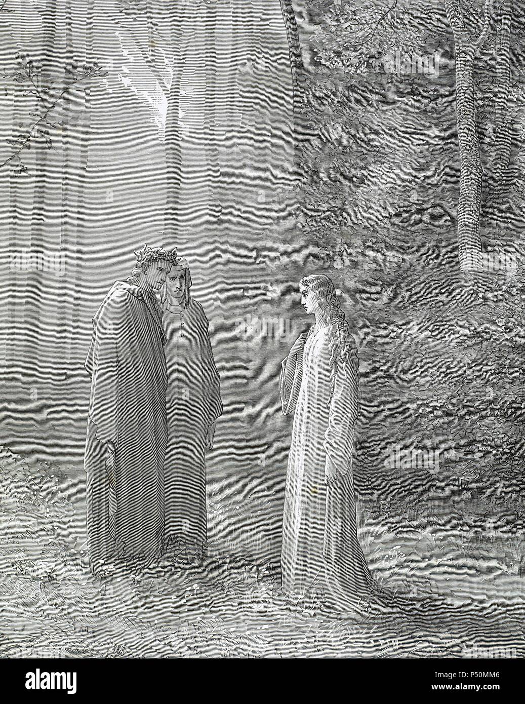 "LA DIVINA COMEDIA". Poema escrito en Toscano donde se relata El viaje de su Autor, DANTE ALIGHIERI, Para llegar a la CONTEMPLACION DIVINA. "ACUERDATE DE MI, QUE SOY LA PIA' (Purgatorio, C. V). Grabado de Gustave Dore. Stockfoto