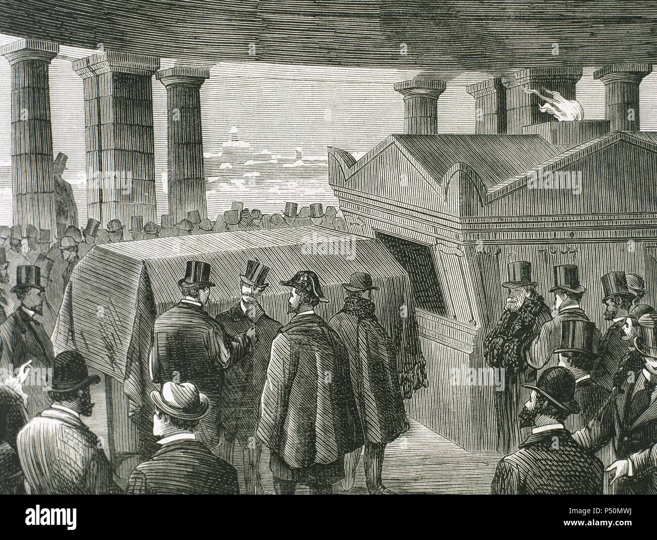 Keller, Albert (1820-1874). Italienischen Kapitalisten. Er vermachte Teil seines Vermögens das erste Krematorium in Mailand in seinem Willen betreten, dass seine eigene Leiche Einäscherung ausgesetzt war. Keller's Körper eingeäschert. Gravur. Stockfoto