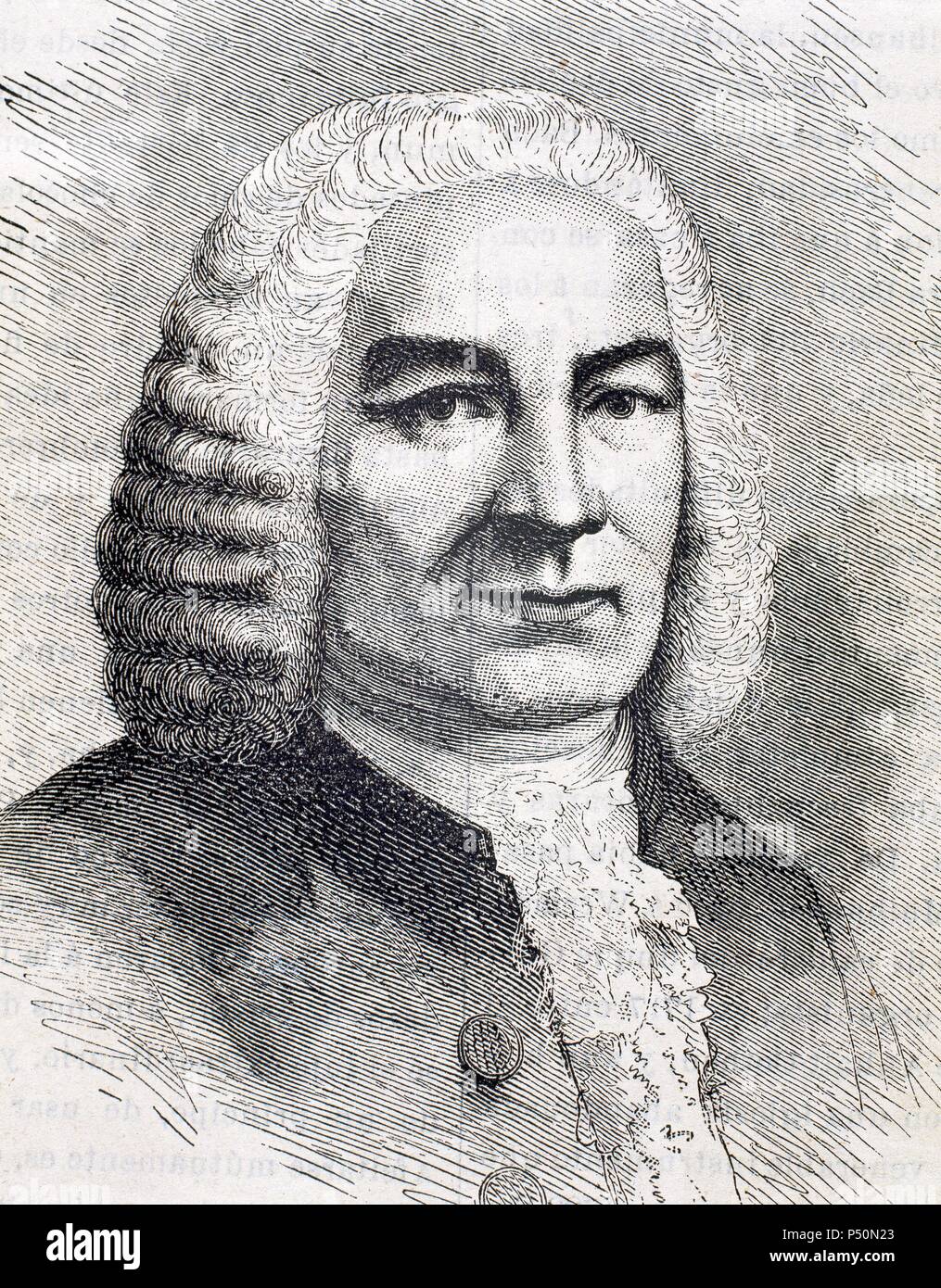Bach, Johann Sebastian (Eisenach, 1685 - Leipzig, 1750). Deutscher Komponist. Als 'Kapellmeister' von 1717 bis 1723 Herzog von Ko ¨ dann, die Zeit, in der er seine große Instrumentalwerke serviert. Kupferstich von Tourfaut im 'El Semanario vertraut Pintoresco' (1877). Stockfoto