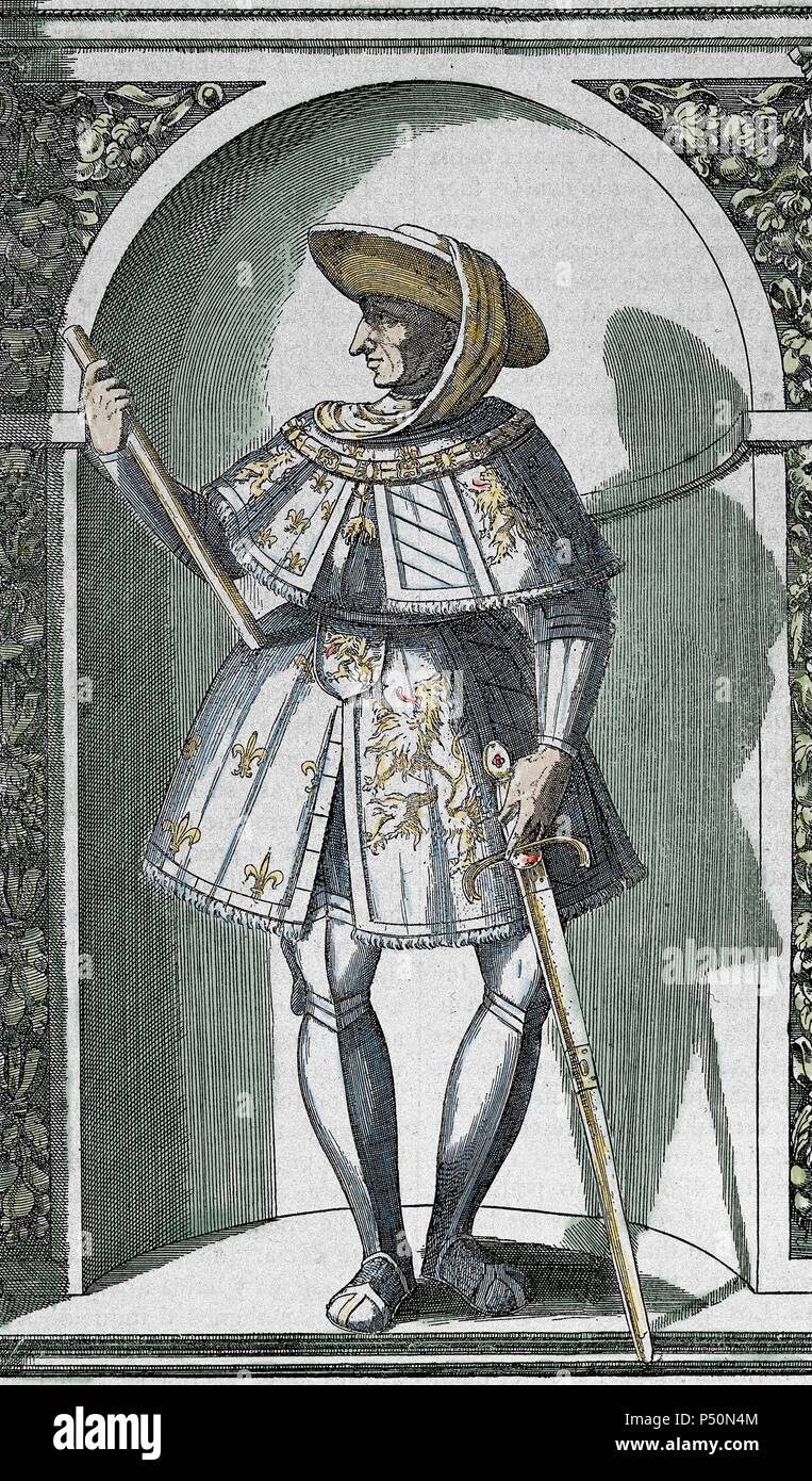 Philip III 'gut' (Dijon, 1396, Brügge, 1467). Herzog von Burgund (1419-1467), Sohn von Johann Ohnefurcht. Farbige Gravur. Stockfoto