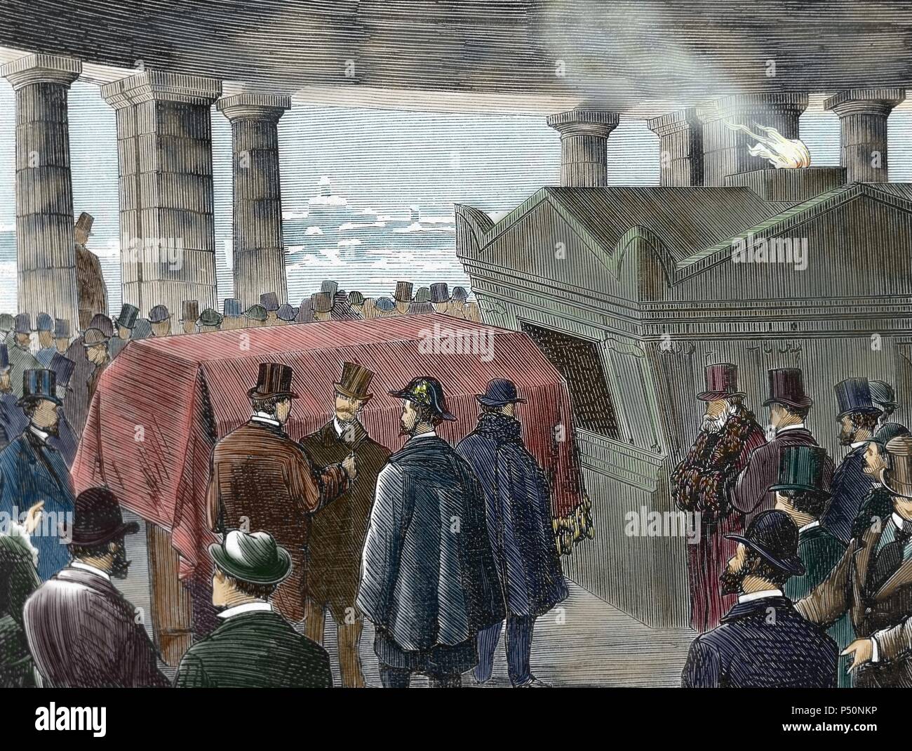 Keller, Albert (1820-1874). Italienischen Kapitalisten. Er vermachte Teil seines Vermögens das erste Krematorium in Mailand in seinem Willen betreten, dass seine eigene Leiche Einäscherung ausgesetzt war. Keller's Körper eingeäschert. Farbige Gravur. Stockfoto