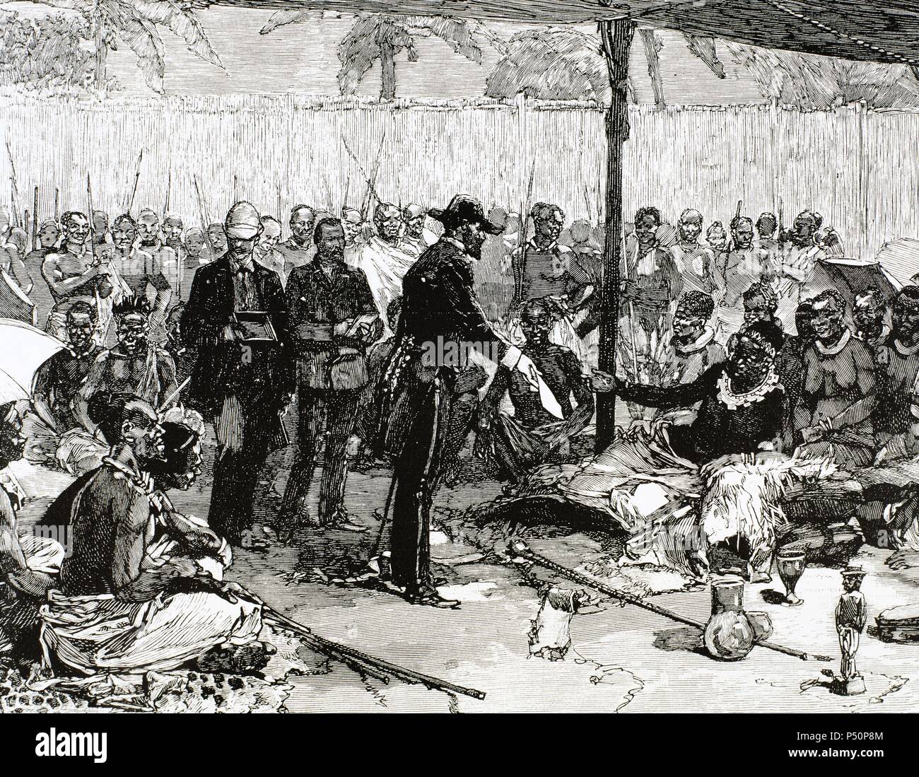 Pierre-Paul Savorgnan Brazza, de (1852-1905). Französische Explorer und Navigator italienischer Herkunft. Brazza zu König Makoko das protektorat Vertrags durch die französische Regierung ratifiziert. Das neunzehnte Jahrhundert Gravur. Stockfoto