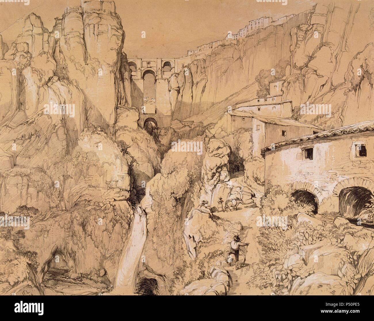 Spanien. Ronda. Die neue Brücke über den Tajo Schlucht. Litography von John Frederick Lewis. London, 1834. Stockfoto
