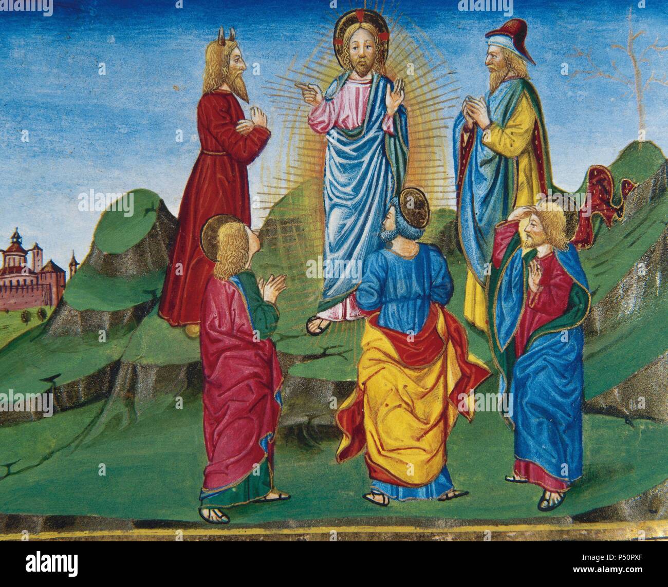 Verklärung Jesu in der Gegenwart von Jakobus, Petrus und Johannes. Codex von Predis (1476). Königliche Bibliothek. Turin. Italien. Stockfoto