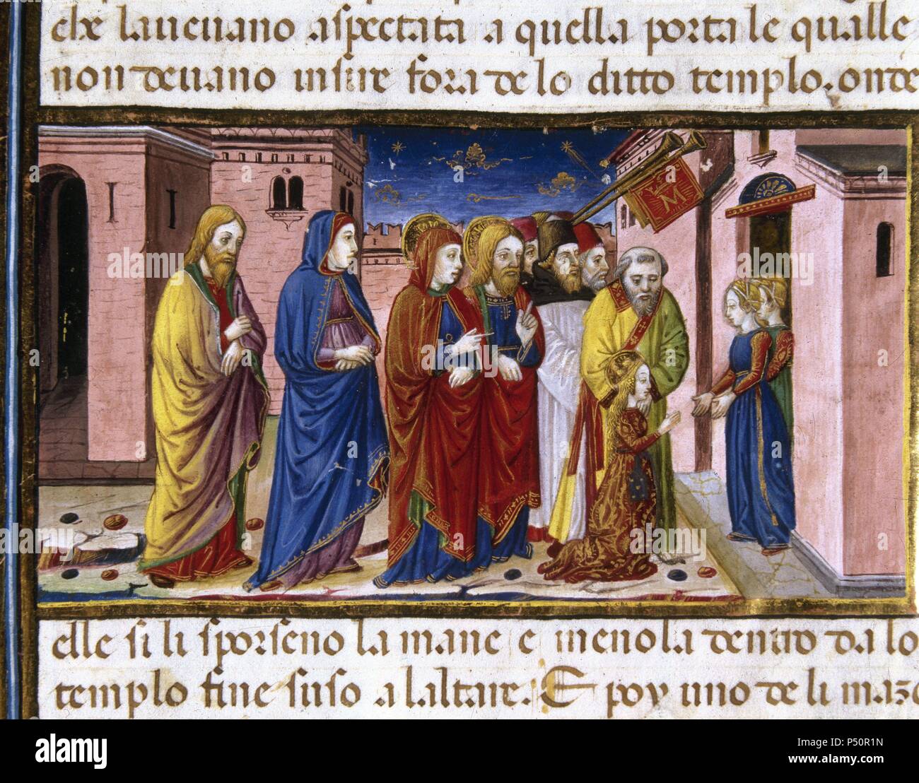 Maria ist bewirtet durch die jungfrauen der Tempel. Codex von Predis (1476). Königliche Bibliothek. Turin. Italien. Stockfoto