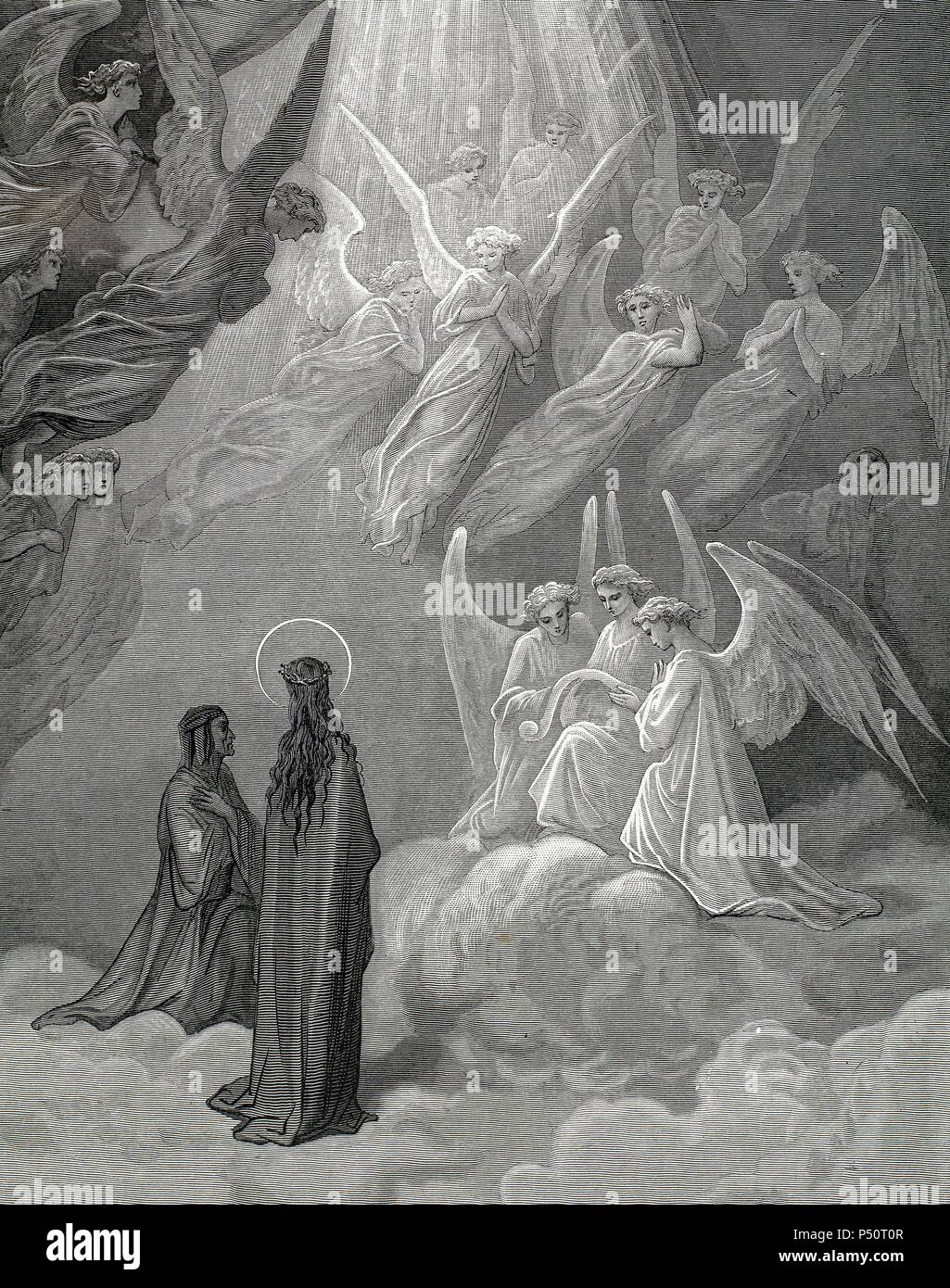 "LA DIVINA COMEDIA". Poema escrito en Toscano donde se relata El viaje de su Autor, DANTE ALIGHIERI, Para llegar a la CONTEMPLACION DIVINA. Sie LUCIENDO MAS AQUELLAS VIVAS LUMBRERAS RENOVARON SUS CANTIGAS" (Paraíso, C. XX). Grabado de Gustave Dore. Stockfoto