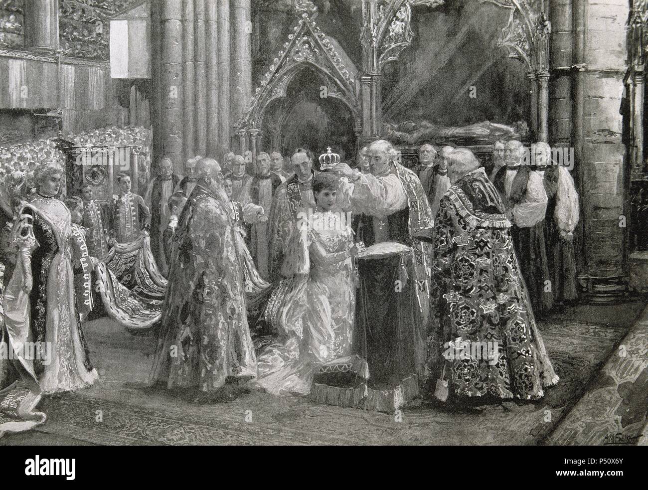 Alexandra von Dänemark (1844-1925). Königin des Vereinigten Königreichs, Frau von Edward VII. Krönung der Königin Alexandra (August, 1902). Gravur in "L'Illustration". Stockfoto