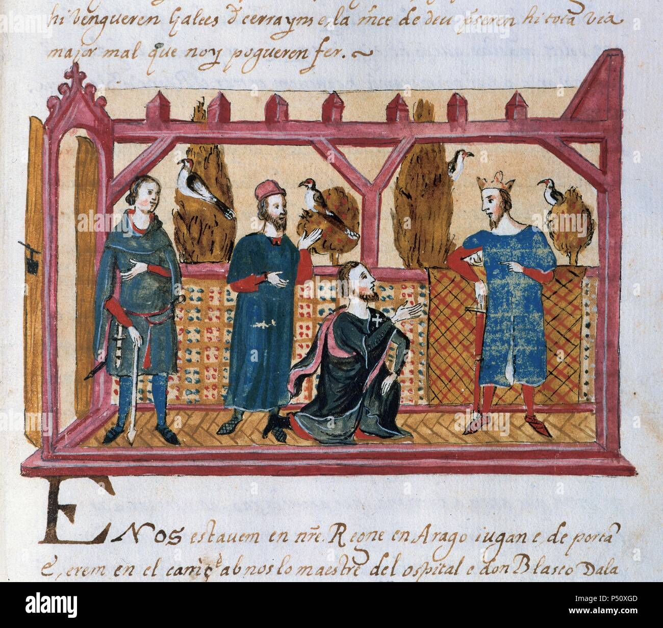 HISTORIA MITTELALTERLICHE. S. XIII. Nation DE ALCAÑIZ EN SEPTIEMBRE DEL AÑO 1232 ENTRE HUGO DE FORCALQUIER, ARRODILLADO, Y BLASCO DE ALAGO, SEÑOR DE MORELLA, PROPONIENDO AL REY JAIME I LA CONQUISTA DEL REINO DE VALENCIA. Miniatura del WERDE IBRE DELS FEYTS 'o' CRONICA DEL REY JAUME I". Manuscrito de Poblet fechado en el año 1343. Stockfoto