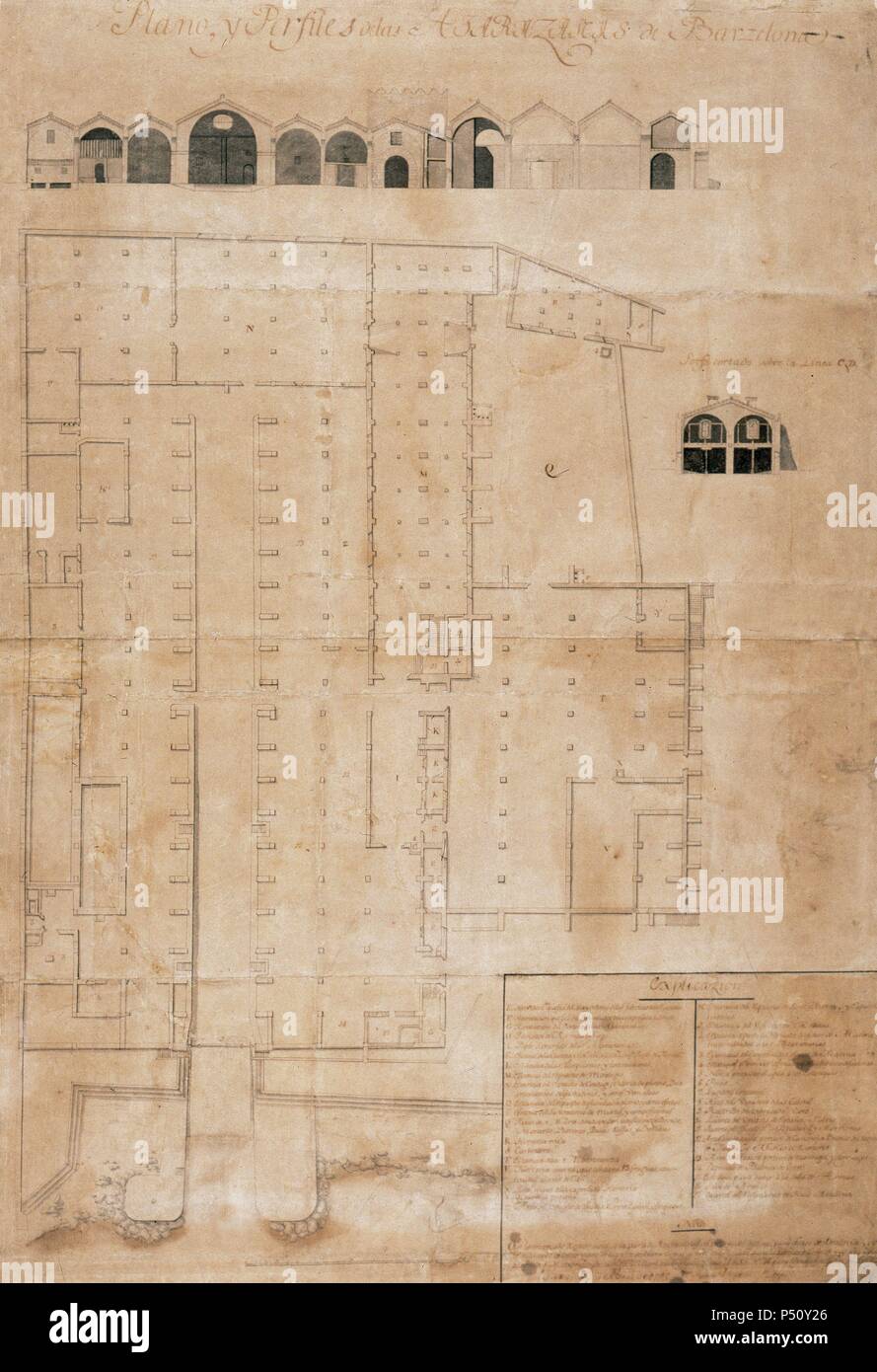Gotische Kunst. Plan und die Höhe des Gebäudes von den Werften in Barcelona, im Jahre 1275 begonnen. Mari' Museum der Zeit. Barcelona. Katalonien. Spanien. Stockfoto