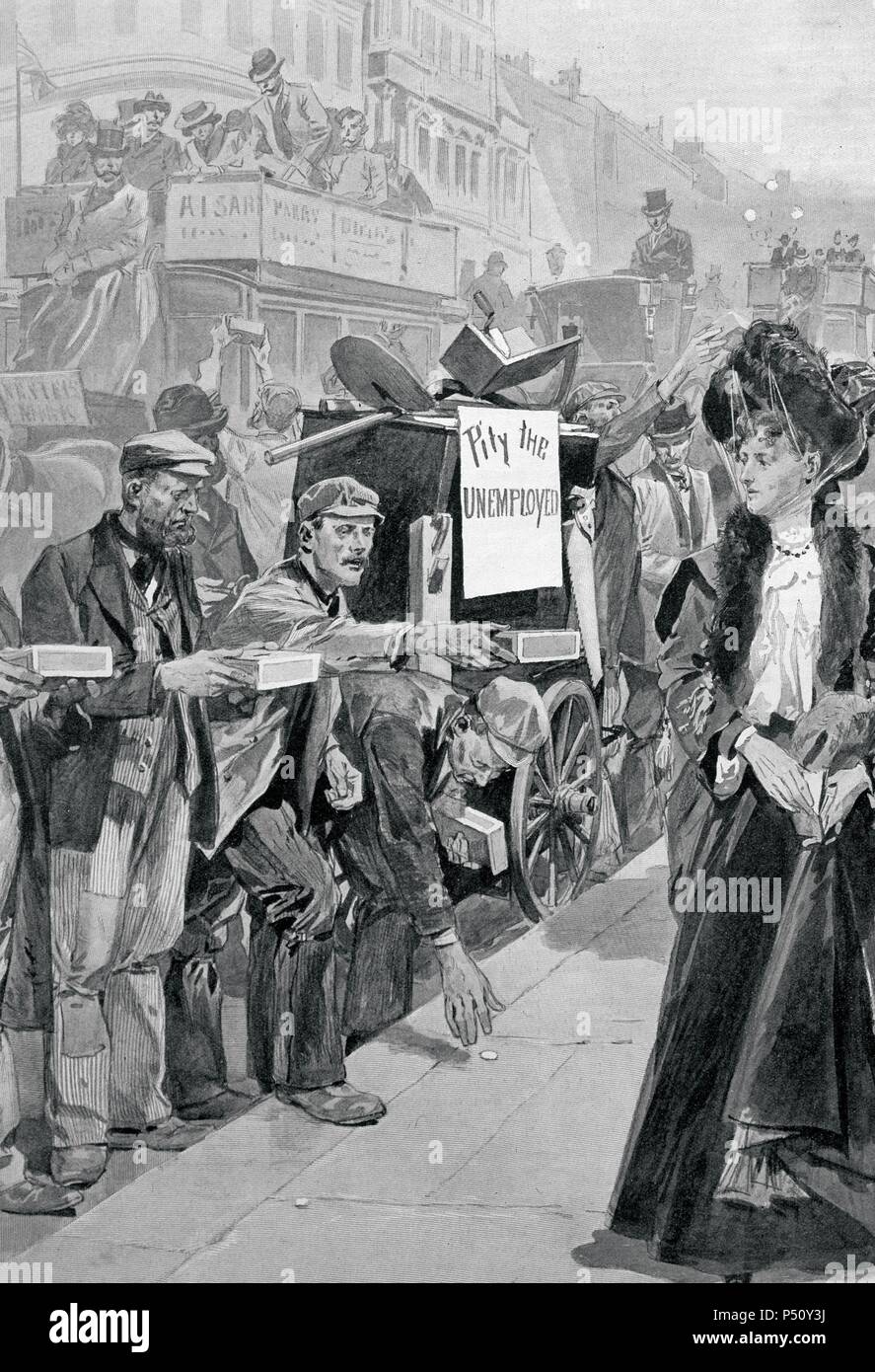 London. Rezession von 1903. Arbeitslose bitten um Almosen im aristokratischen Viertel der Stadt. In einer Kutsche, voller obsolet Werkzeuge nach der Industriellen Revolution, ein Banner mit der Aufschrift "Schade, die arbeitslos". England. Gravur. Stockfoto