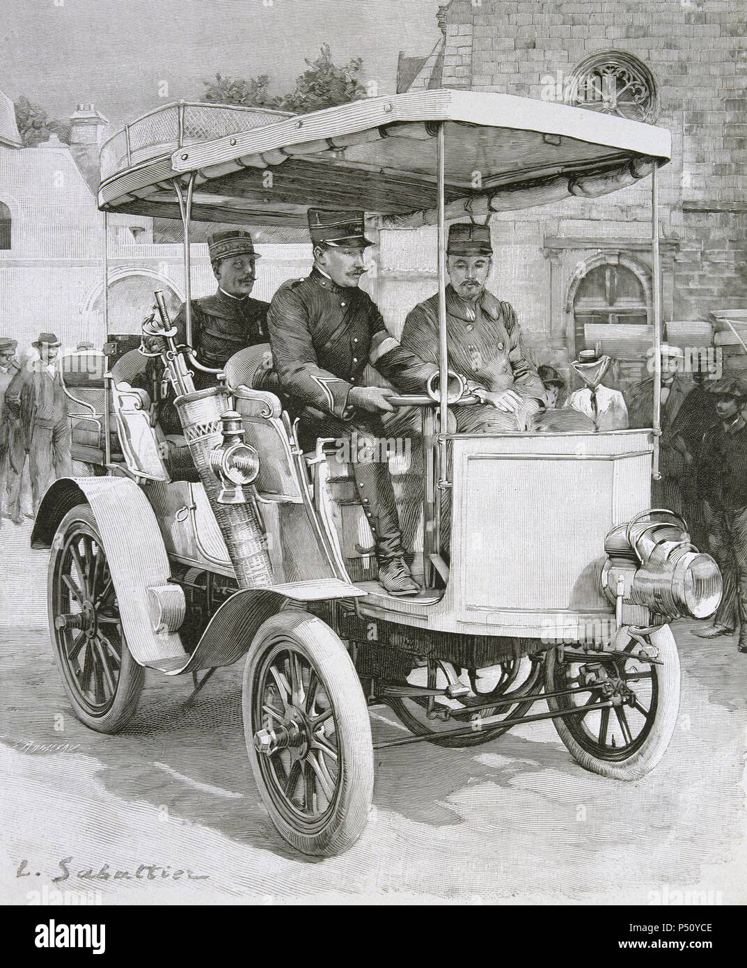 "El General de Négrier en su Auto &'. Grabado de L'Illustration Journal Universel" (año 1900). S. XX. Stockfoto