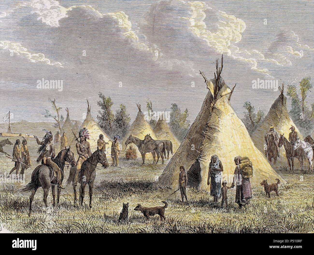 Sioux-Camp in der Nähe von Fort Laramie. Farbige Gravur, 1884. Stockfoto