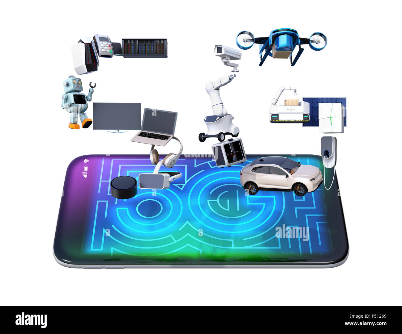 Smart Appliances, Drone, autonome Fahrzeug und Roboter angeordnet in "5 G" Text auf Smart Phone, 5-G-Konzept. 3D-Bild. Stockfoto