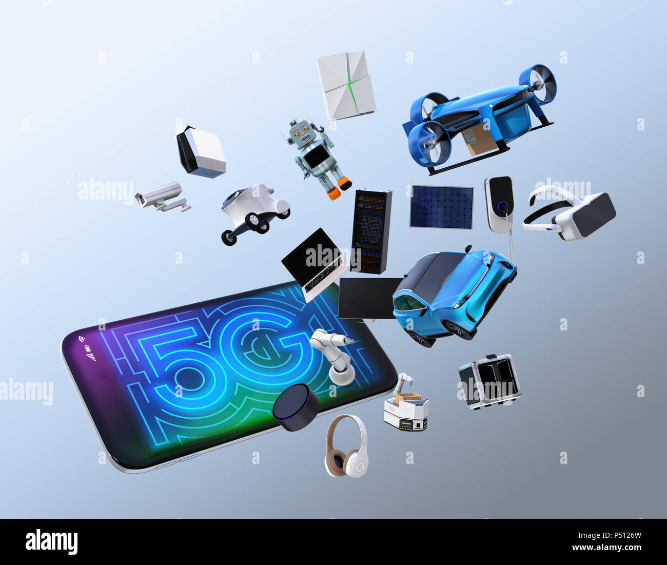 Smart Appliances, Drone, autonome Fahrzeug und Roboter Sprung von Smart Phone, 5-G-Konzept. 3D-Bild. Stockfoto