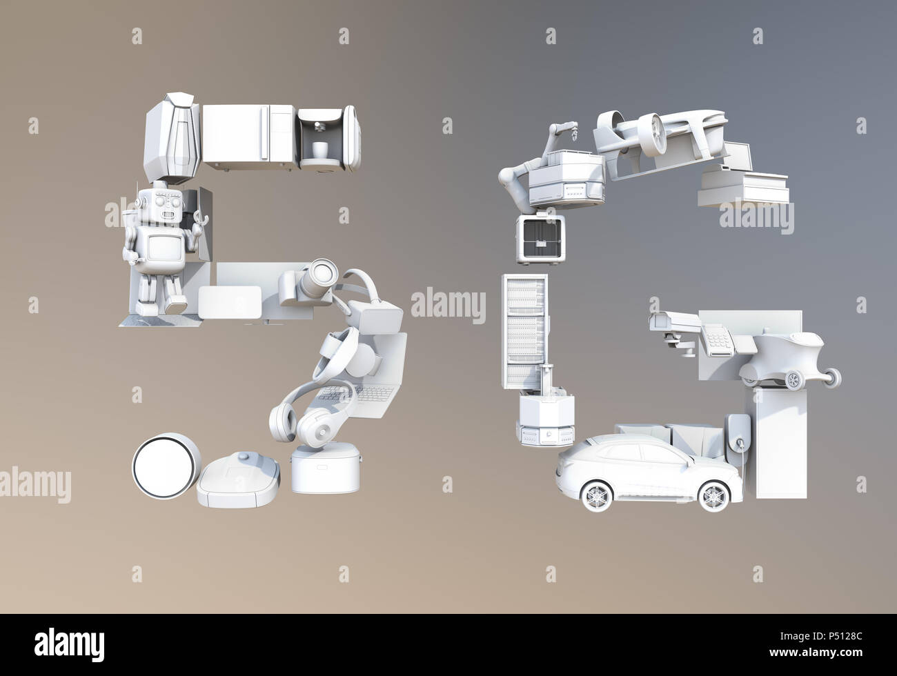 Smart Appliances, Drone, autonome Fahrzeug und Roboter angeordnet in "5 G" Text. Weißen Schatten. 5G-Konzept. 3D-Bild. Stockfoto