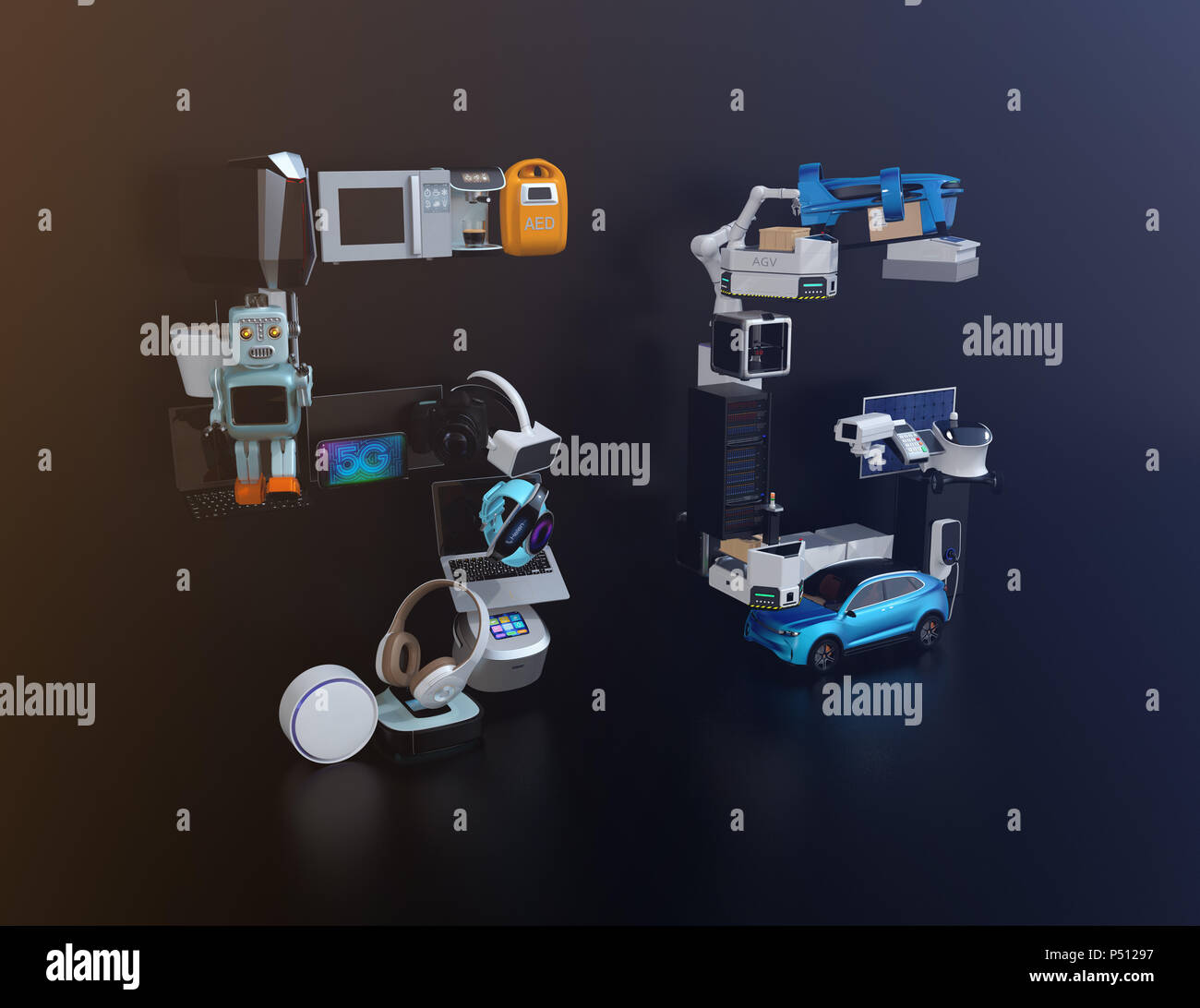 Smart Appliances, Drone, autonome Fahrzeug und Roboter angeordnet in "5 G" Text. 5G-Konzept. 3D-Bild. Stockfoto