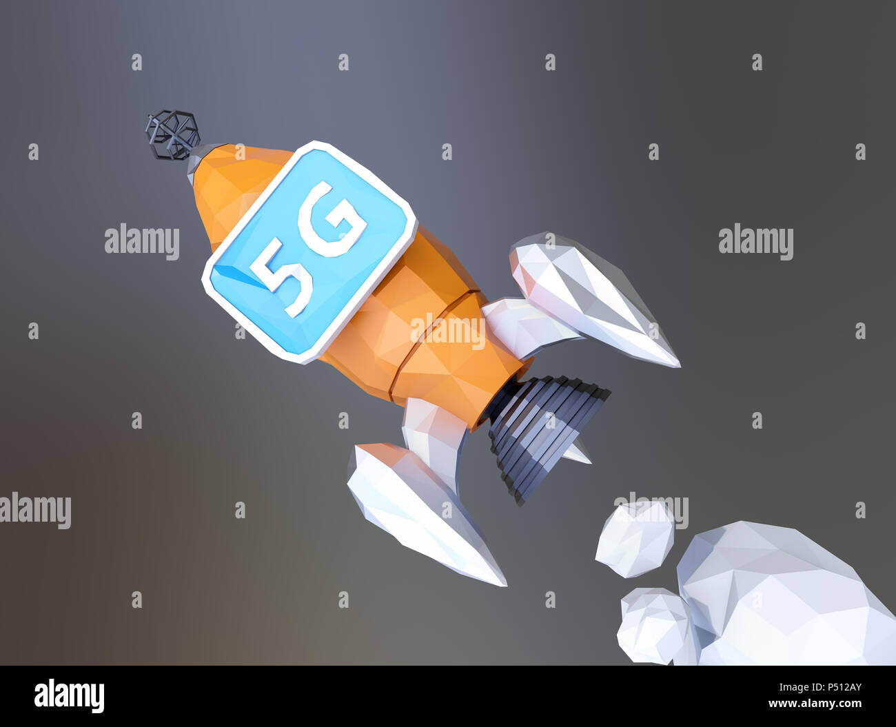 Starten polygonalen Rakete mit Monitor auf dunklem Hintergrund. 5G-Konzept. 3D-Bild. Stockfoto