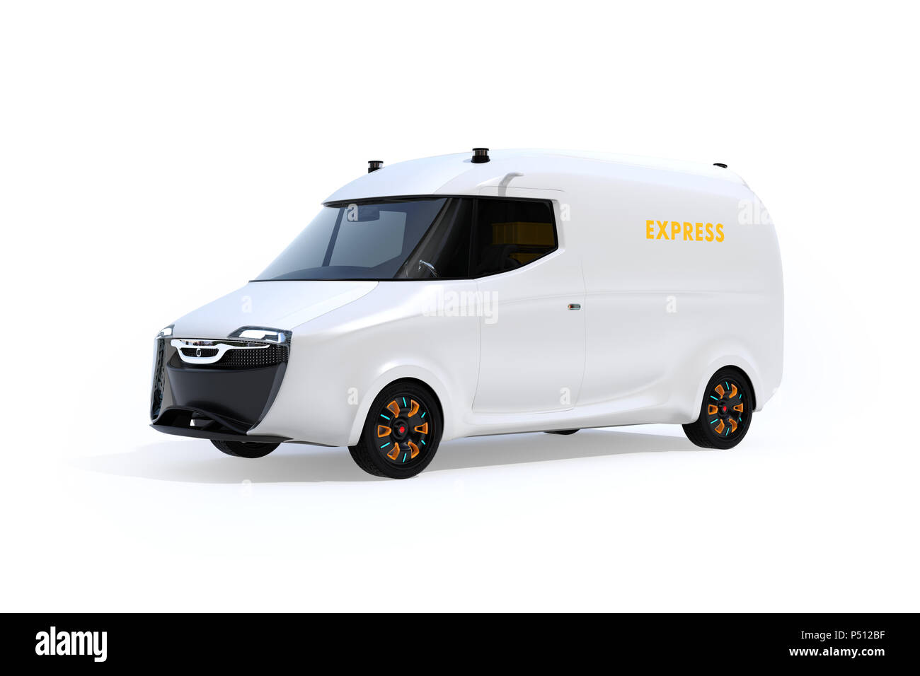 Weiß elektrisch betriebenen Transporter auf weißem Hintergrund. 3D-Bild. Stockfoto