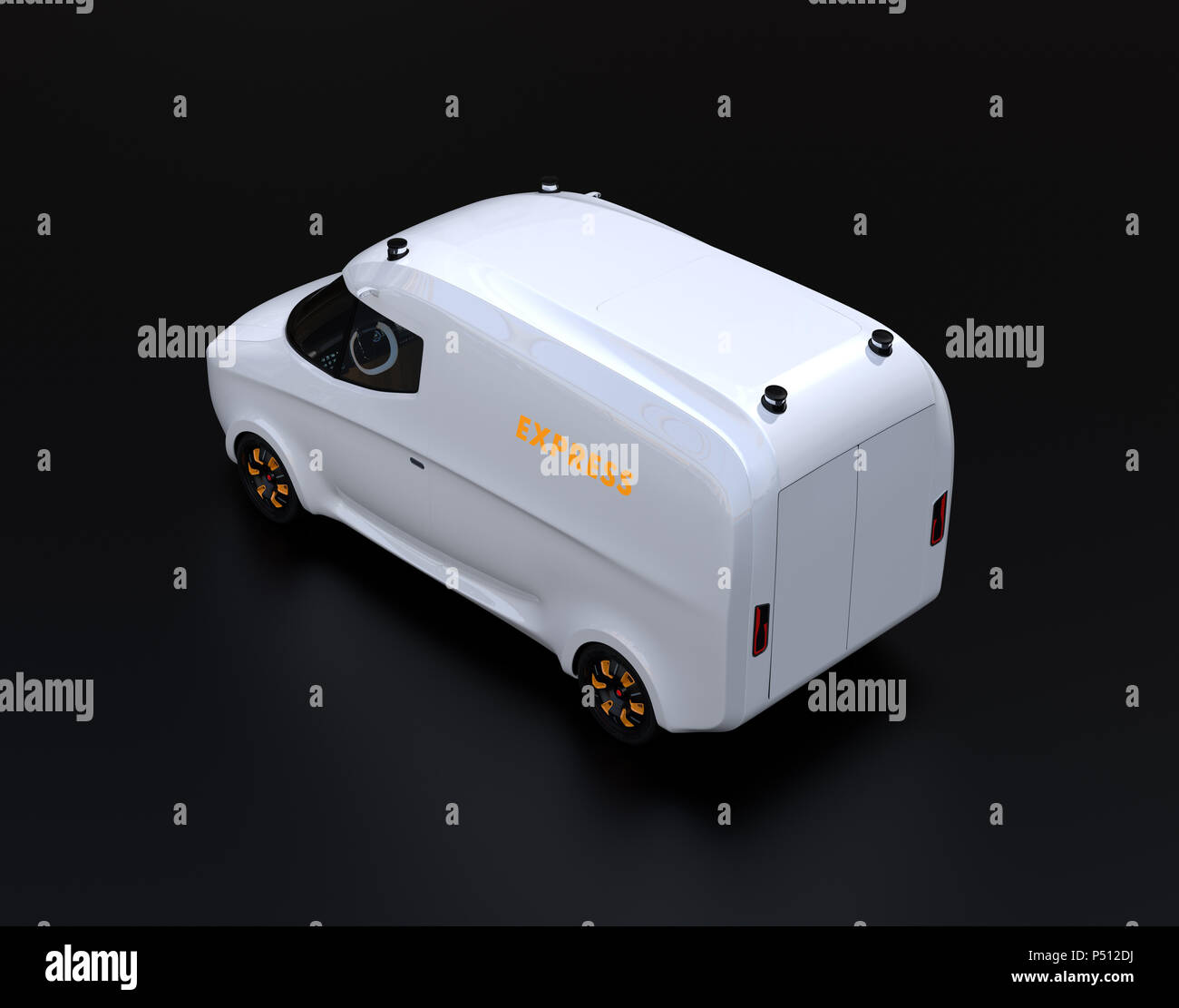 Weiß elektrisch betriebenen Transporter auf schwarzem Hintergrund. 3D-Bild. Stockfoto