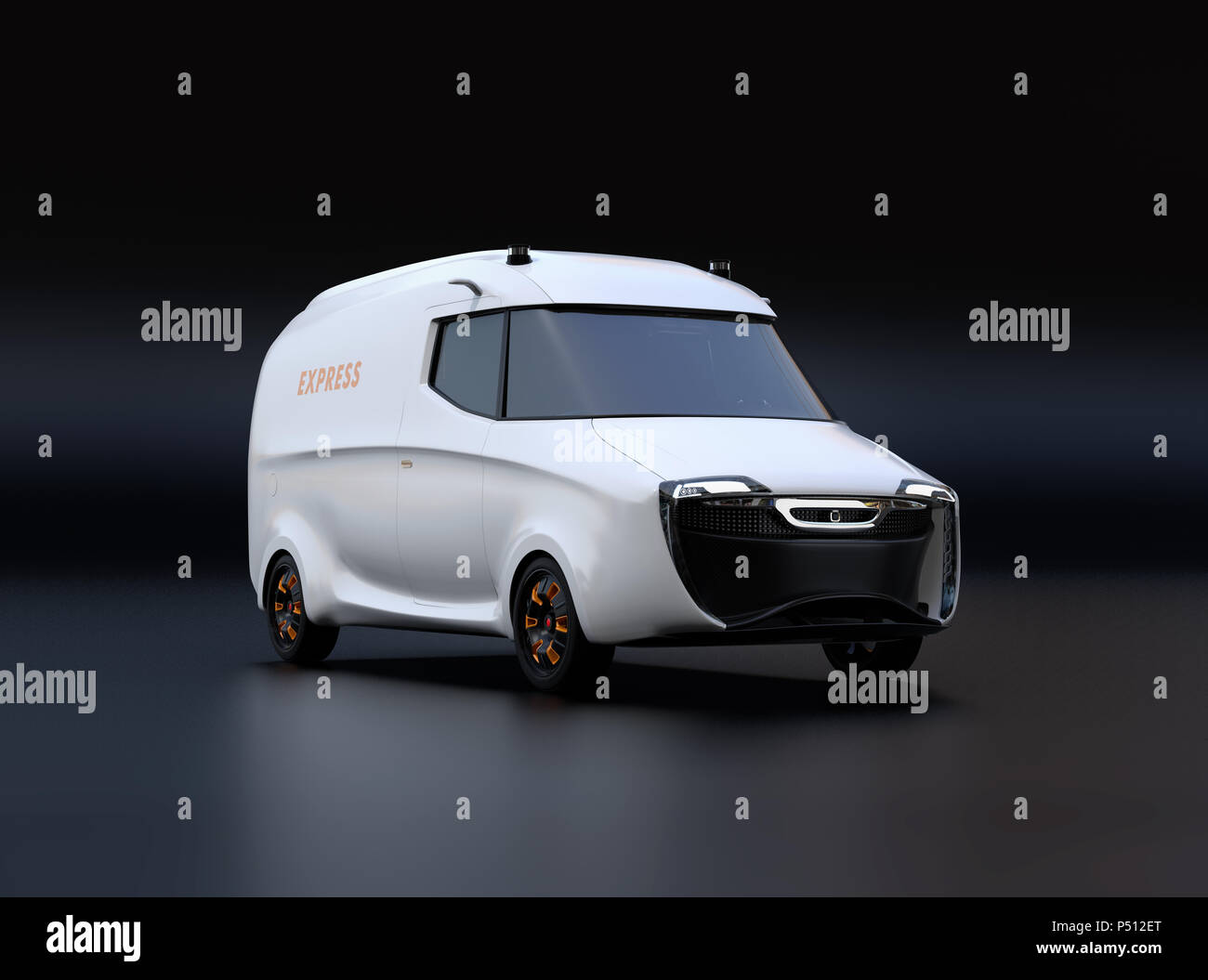 Weiß elektrisch betriebenen Transporter auf schwarzem Hintergrund. 3D-Bild. Stockfoto