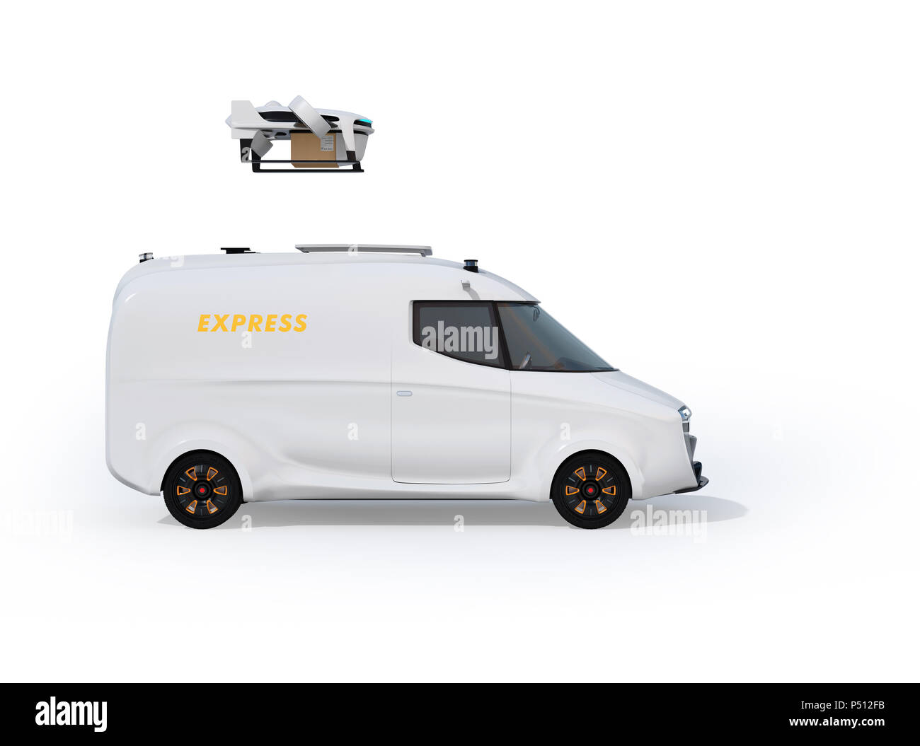 Seitenansicht des Weißen elektrisch betriebenen Transporter auf weißem Hintergrund. 3D-Bild. Stockfoto