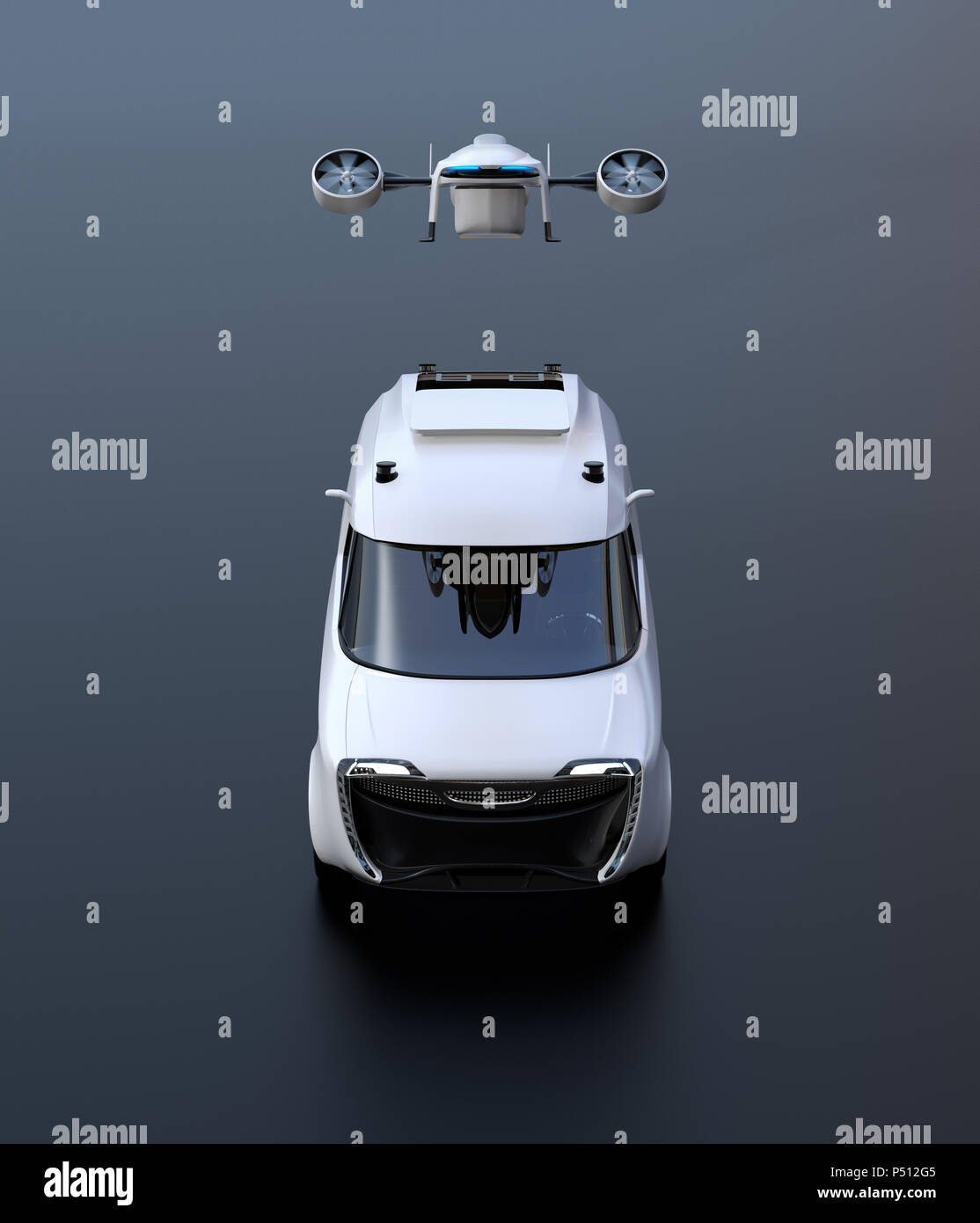 Vorderansicht der Lieferung drone Start von elektrisch betriebenen Transporter auf schwarzem Hintergrund. 3D-Bild. Stockfoto